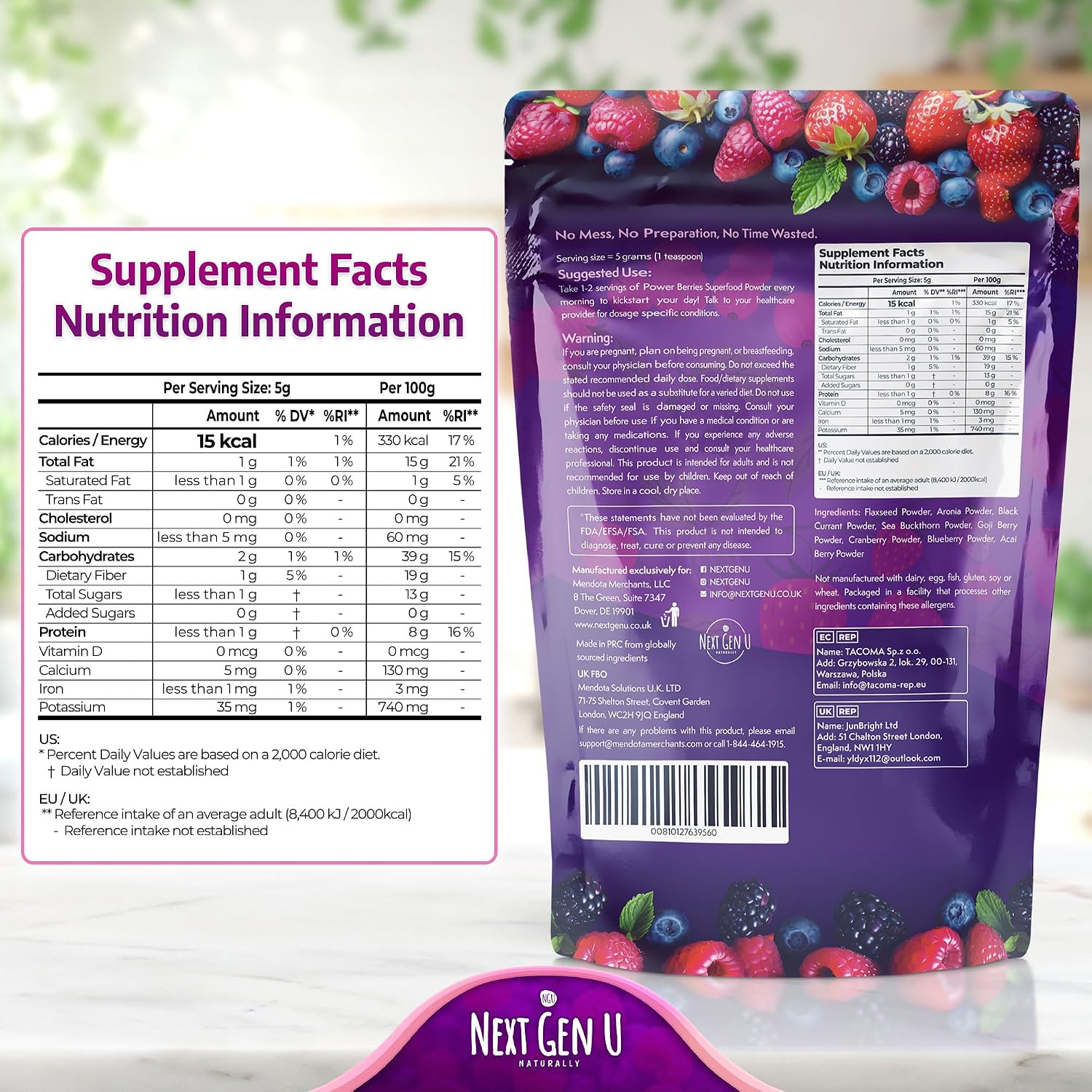 Super Berry Powder - 1 Paquete, 240g - Apoyo Inmunológico - Complemento Alimenticio - Bayas Superfood - Mezcla para Batidos - Impulso Saludable para Bebidas Detox - de NextGenU