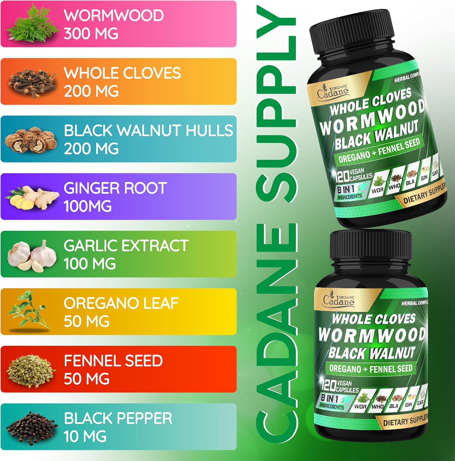 Cadane Complejo Herbal con Ajenjo, Clavo y Nogal Negro | 120 Cápsulas – 60 Días