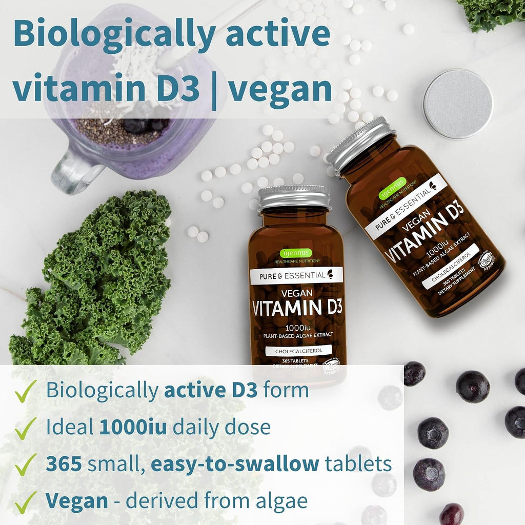 Igennus Vitamina D3 Vegana 1000IU - 365 Comprimidos, 1 Año de Suministro