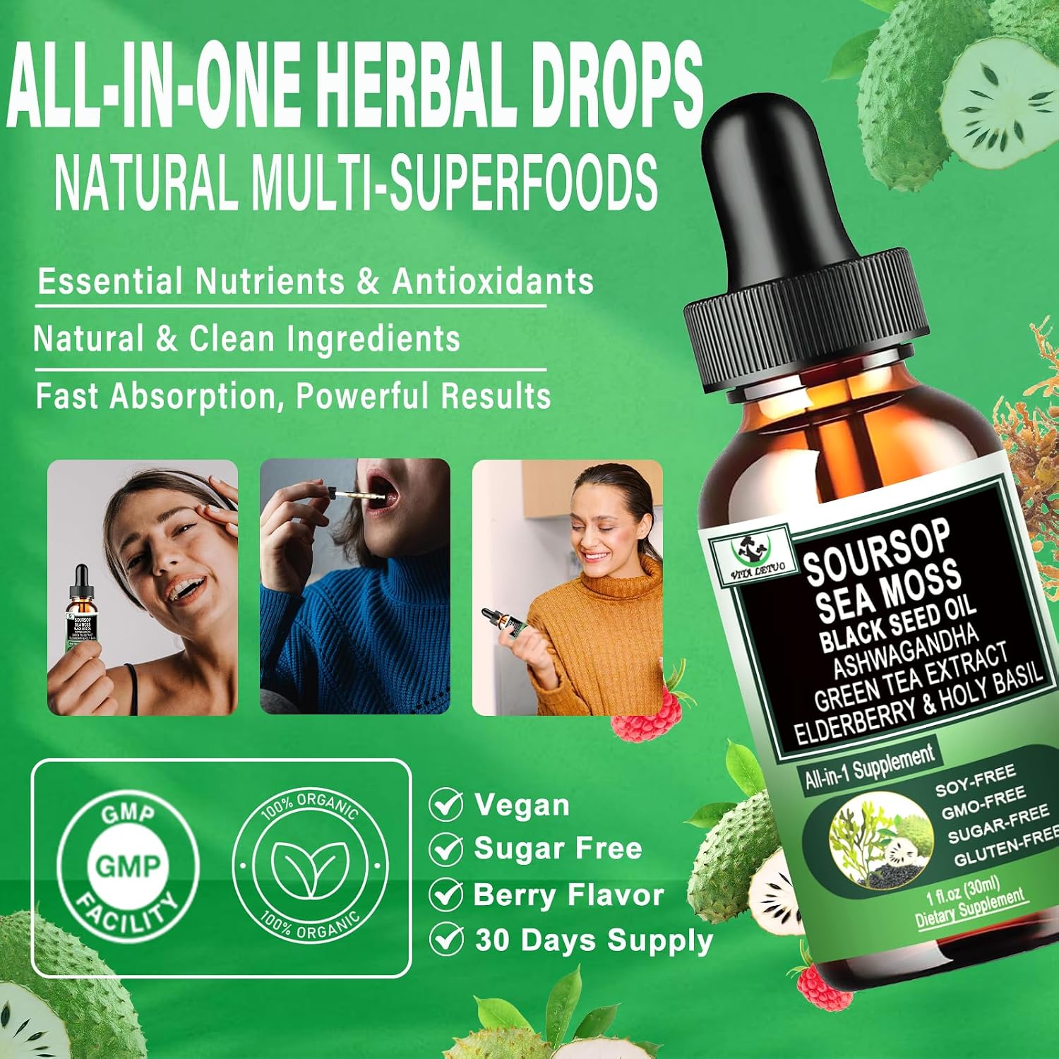 Vita letuo Soursop Drops - Suplemento Líquido Multivitamínico y Mineral con Soursop, Sea Moss, Black Seed Oil, Ashwagandha y Más (30 Dosis)