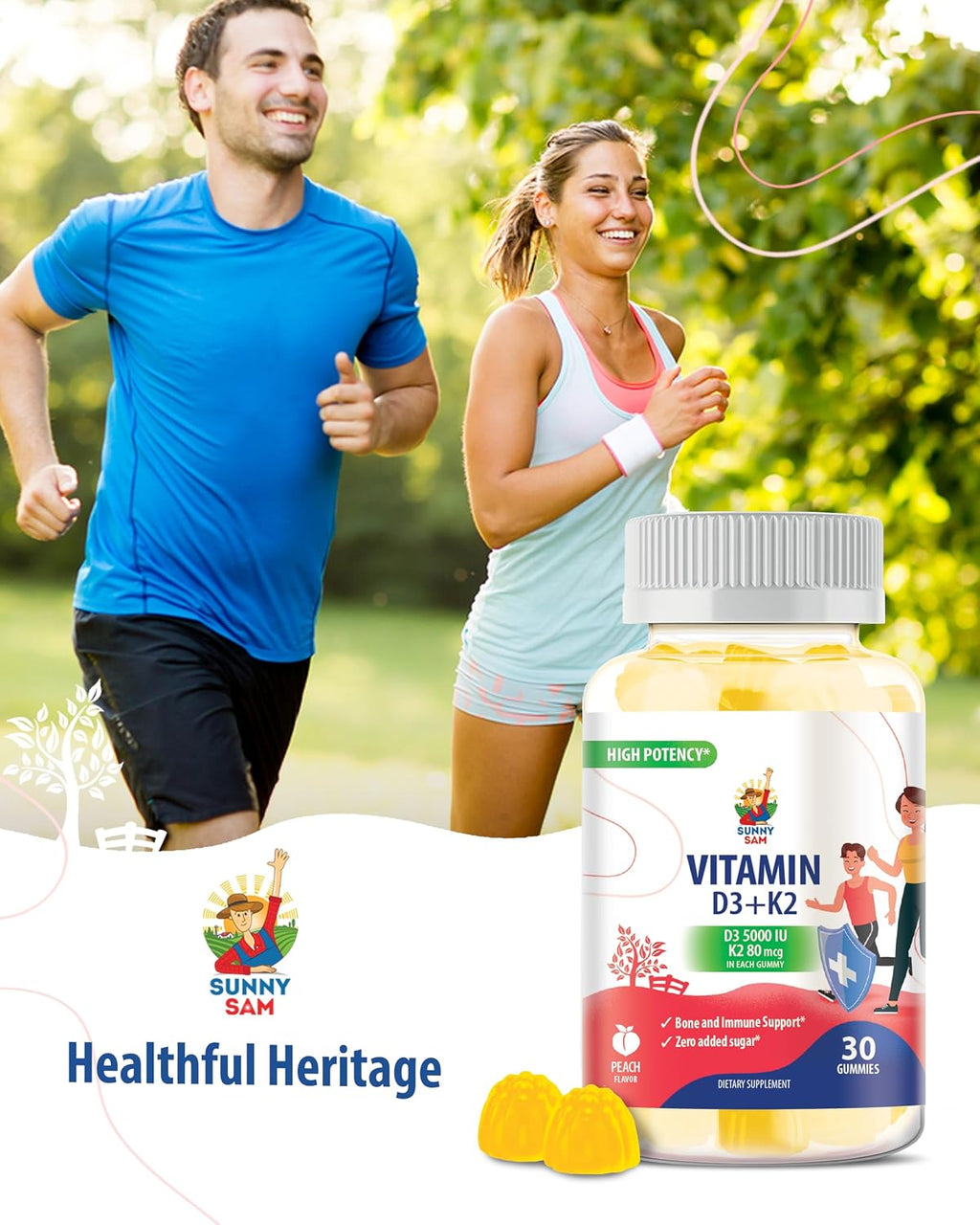 SUNNY SAM Vitamin D3 K2 Gummies 5000 UI, Sin Azúcar, 30 Gominolas