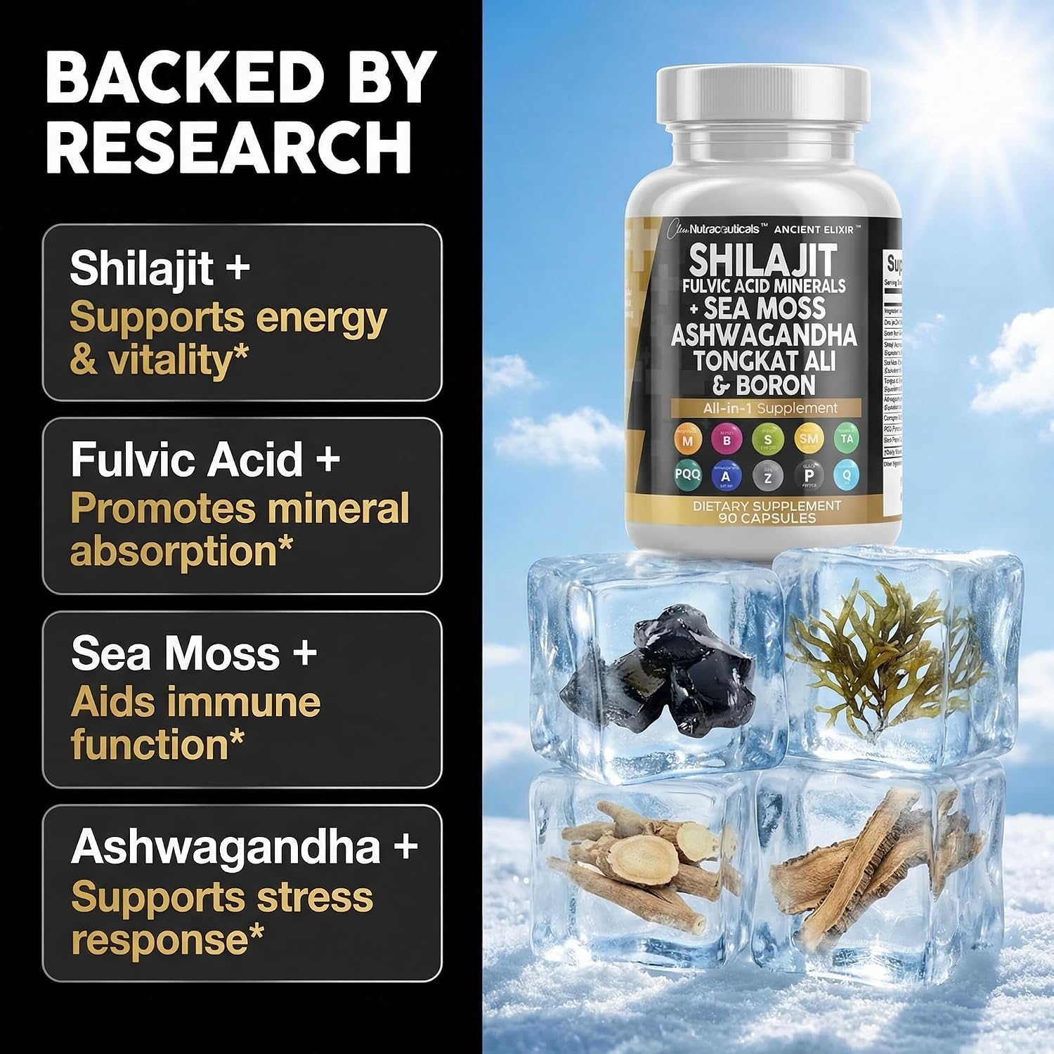 Shilajit para Hombres - Complejo con Sea Moss, Tongkat Ali, Ashwagandha y CoQ10 - 90 Cápsulas