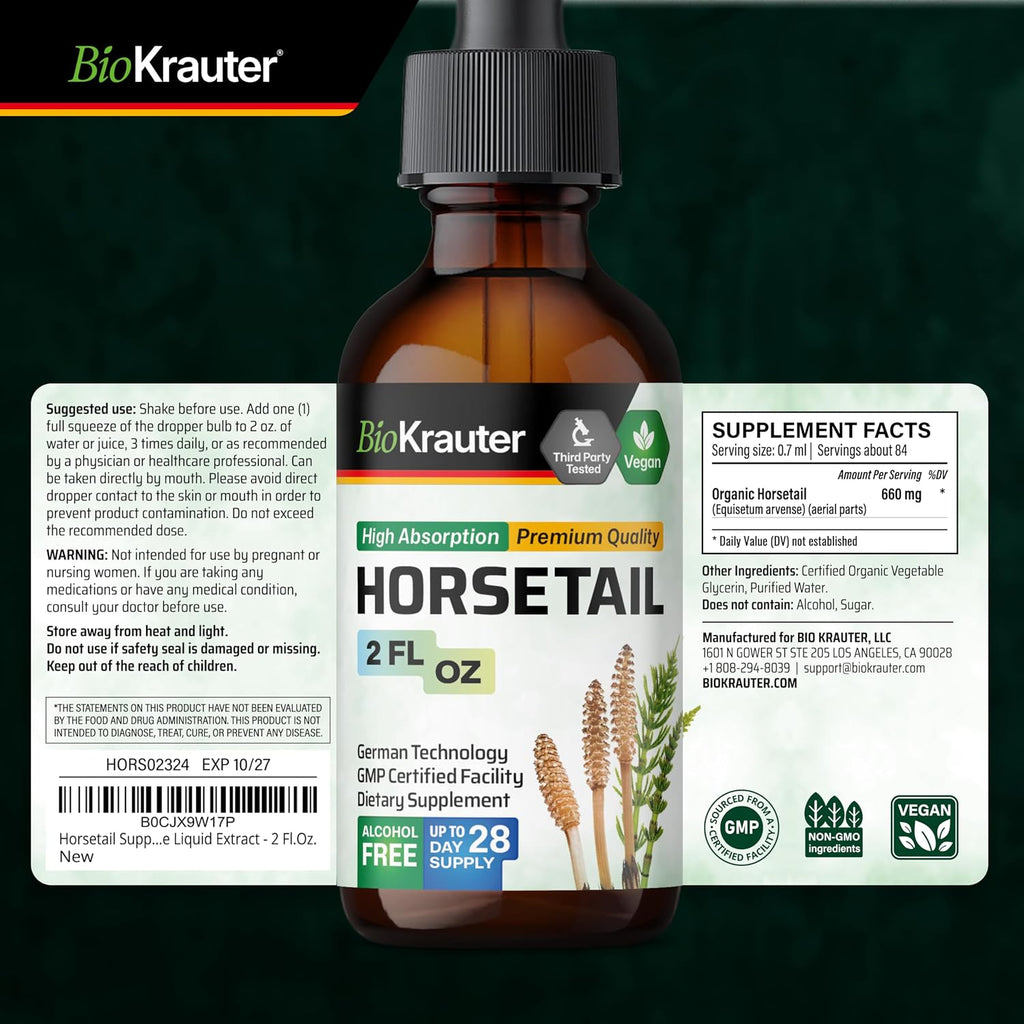 BIO KRAUTER® Cola de Caballo Extracto Líquido para Cabello, Piel y Uñas - 660 mg por dosis - 60 ml - Vegano, Sin Alcohol y Sin Azúcar