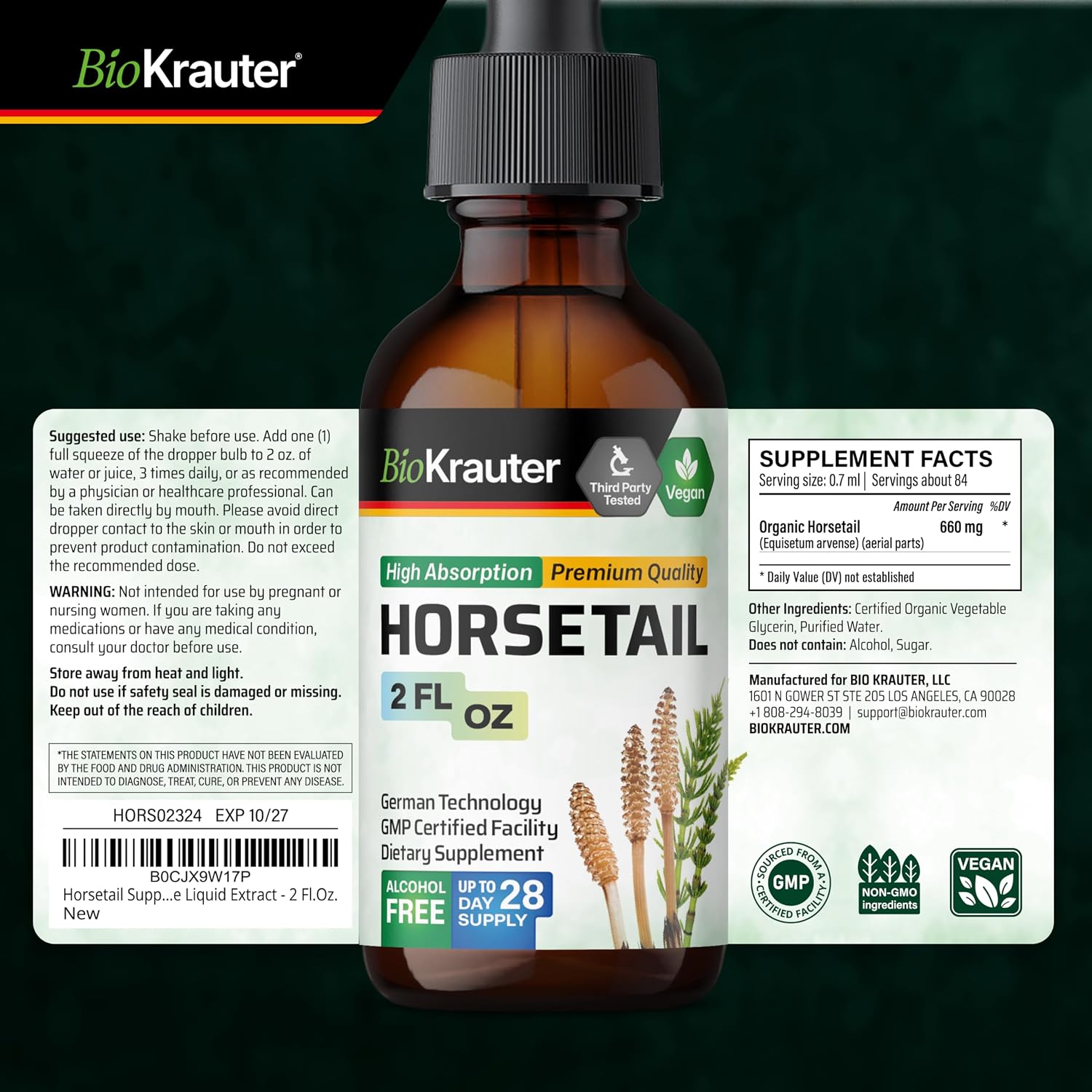 BIO KRAUTER® Cola de Caballo Extracto Líquido para Cabello, Piel y Uñas - 660 mg por dosis - 60 ml - Vegano, Sin Alcohol y Sin Azúcar