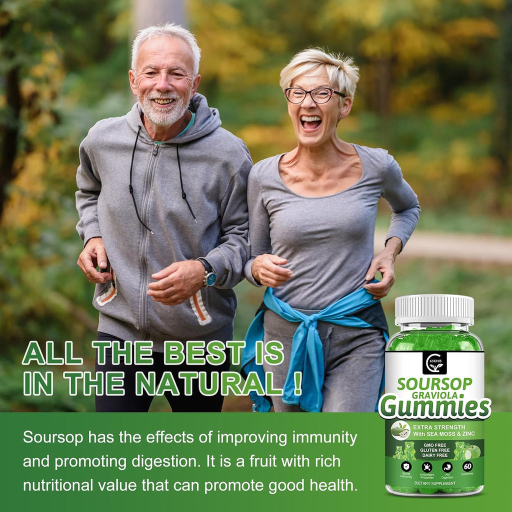 Gominolas Orgánicas de Soursop Graviola - 2200mg Extracto de Hojas de Soursop con Musgo Marino, Zinc y Vitamina C - 60 Gominolas