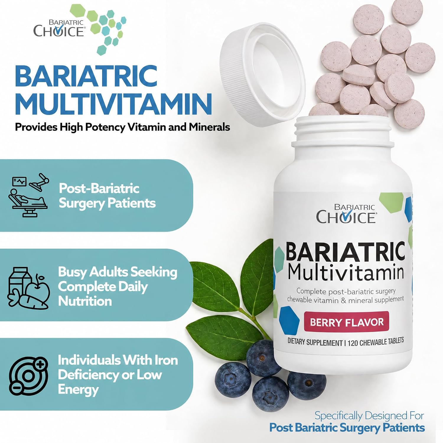 Bariatric Choice My Bariatric Multivitamínico Masticable con Hierro y Calcio, Berry (120 comprimidos)