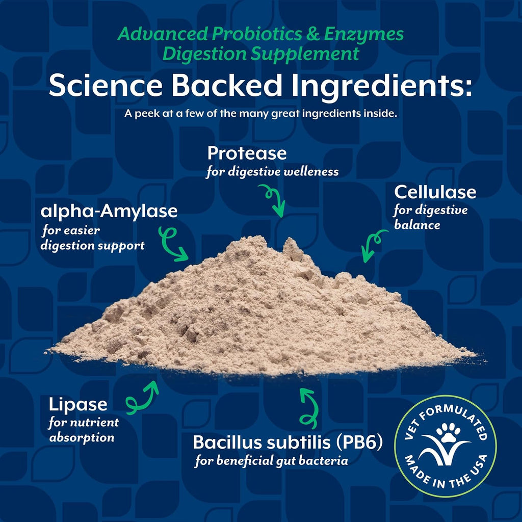 NaturVet Probióticos y Enzimas Avanzados con Probiótico PB6 de Fuerza Veterinaria - Apoya y Equilibra Mascotas con Estómagos Sensibles - para Perros y Gatos (113 g)