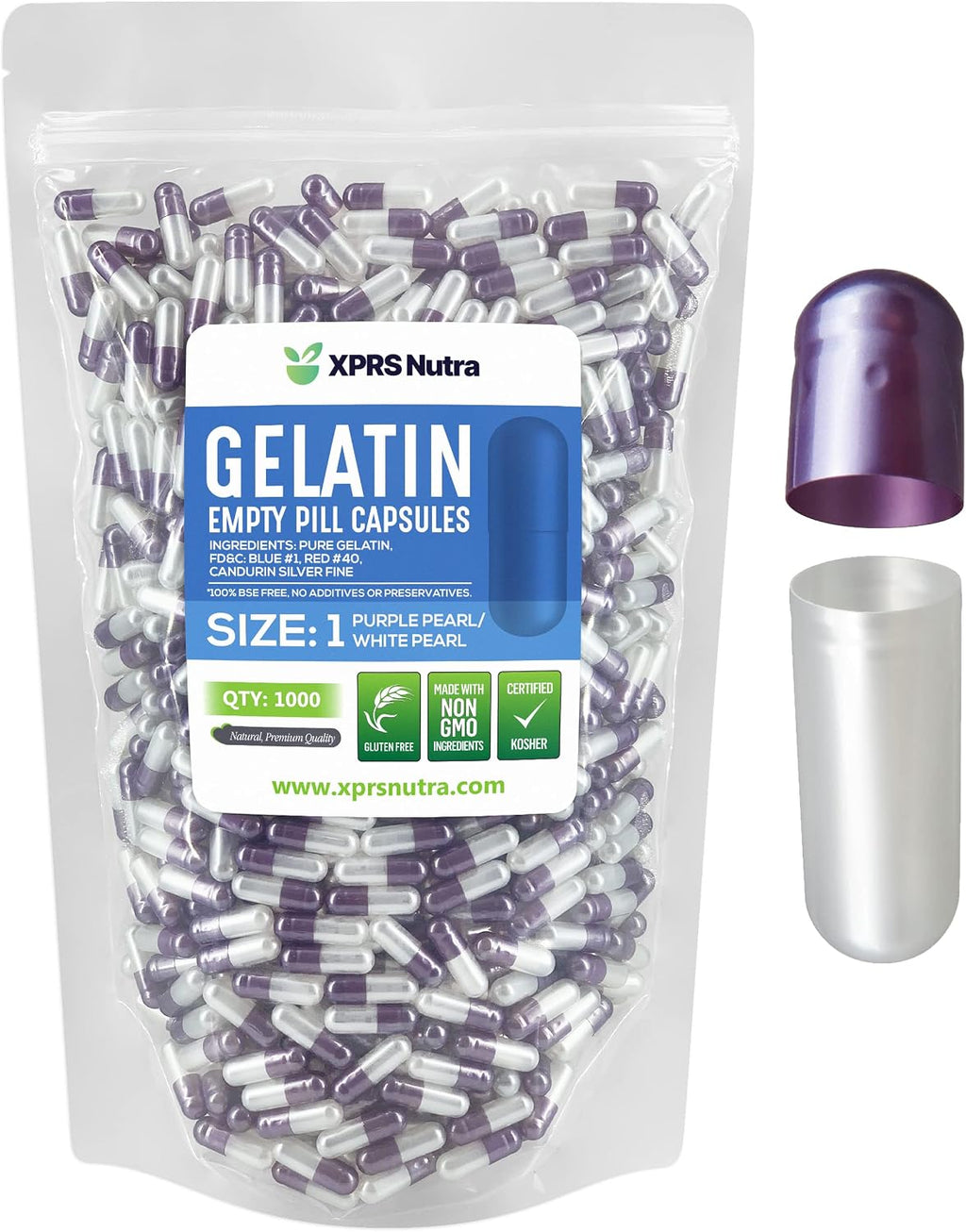 XPRS Nutra Cápsulas Vacías de Gelatina Tamaño 1 - 1000 Unidades (Púrpura Perla/Blanco)