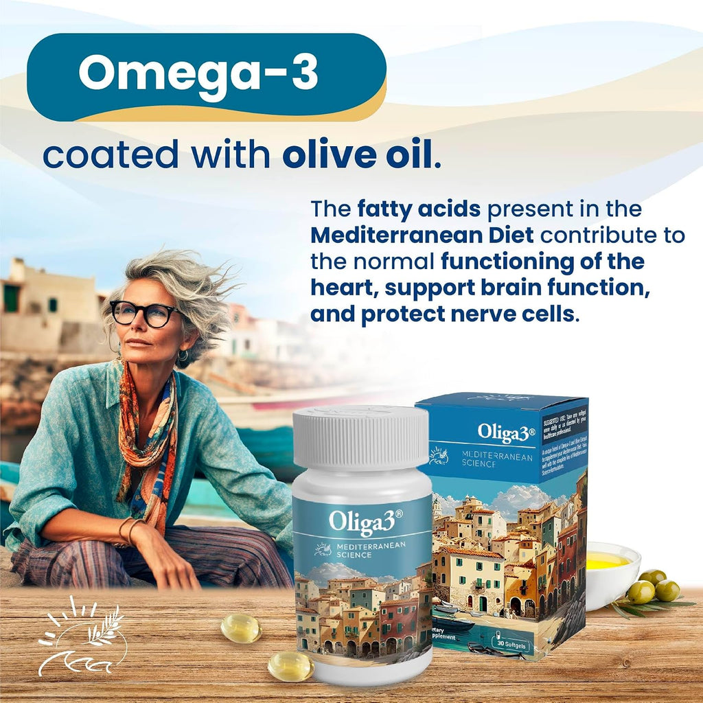 Oliga3 Omega-3 EPA DHA con Aceite de Oliva, Vitamina D y E | 30 Cápsulas Blandas