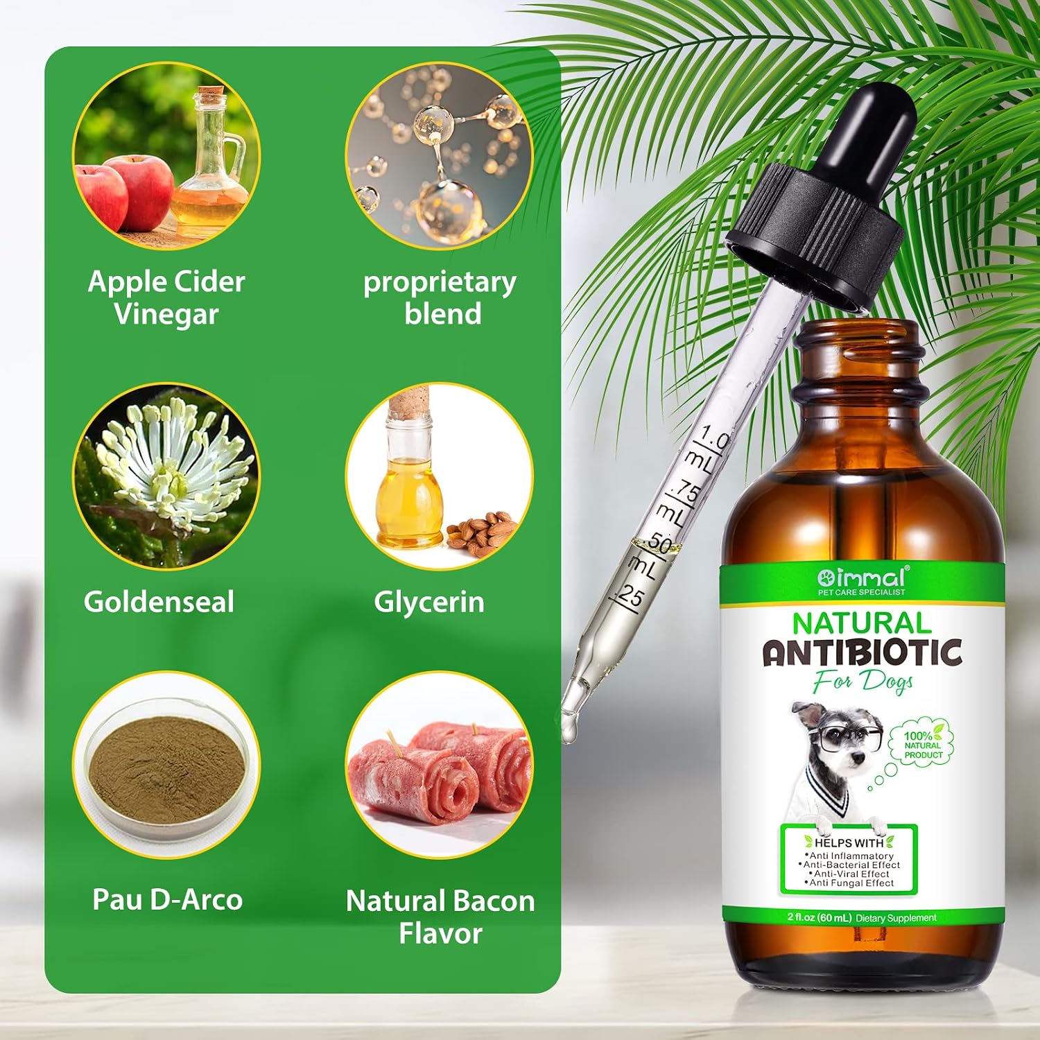 Antibióticos Naturales para Perros - Suplemento para Alergias y Picores con Vinagre de Manzana, Ajo, Pau D'Arco y Sello de Oro - Sabor a Bacon - 2 x 60ml