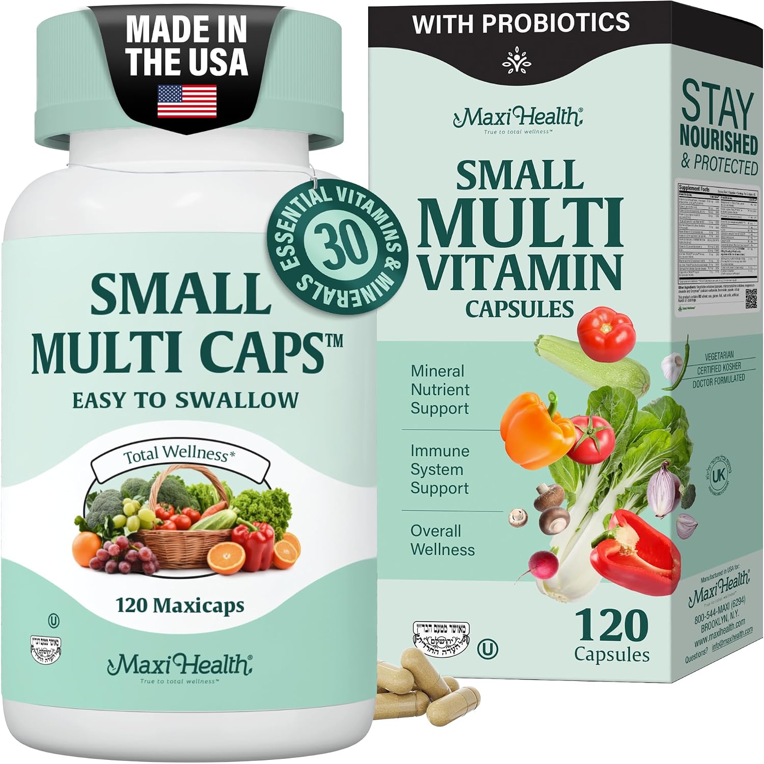 Maxi Health Multivitamin – Cápsulas multivitamínicas fáciles de tragar con 30 nutrientes, hierro y probióticos – 60 unidades