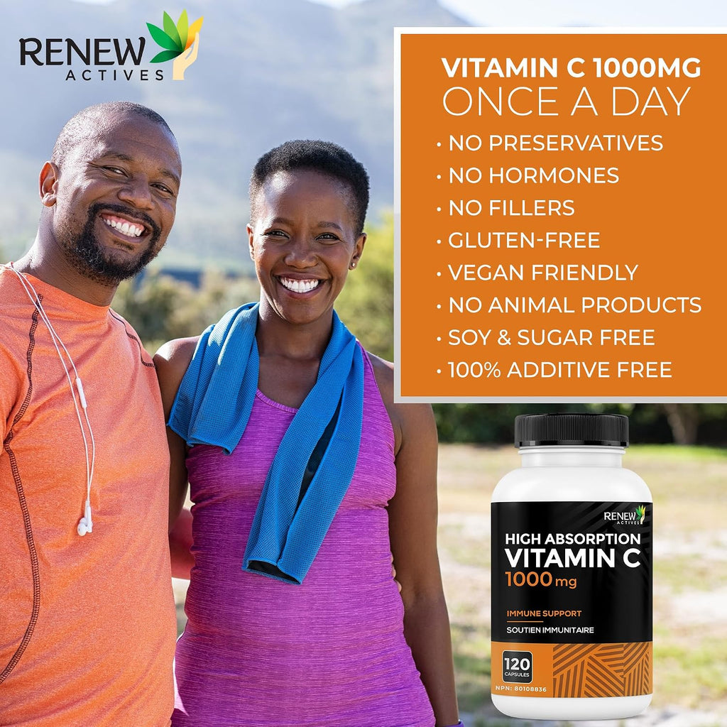 RENEW ACTIVES Maximum Strength Vitamina C 1000 mg por ración – Antioxidante y Refuerzo Inmunitario – No-GMO, Sin Azúcar, 120 Cápsulas – Hecho en Canadá