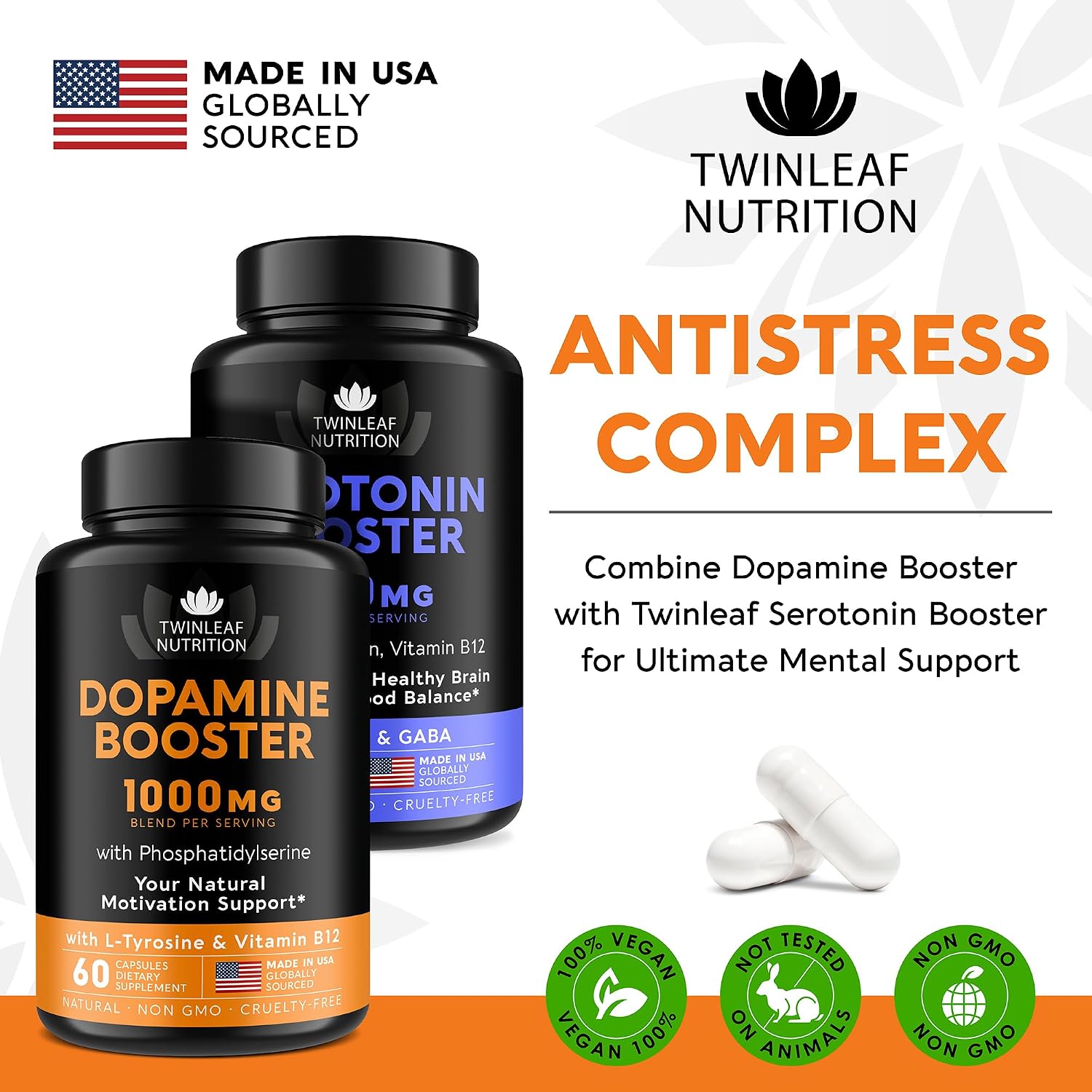 TWINLEAF NUTRITION Suplemento de Apoyo Cerebral, 1000 mg - con DMAE, Vitamina B12 y L-Tirosina - 60 Cápsulas