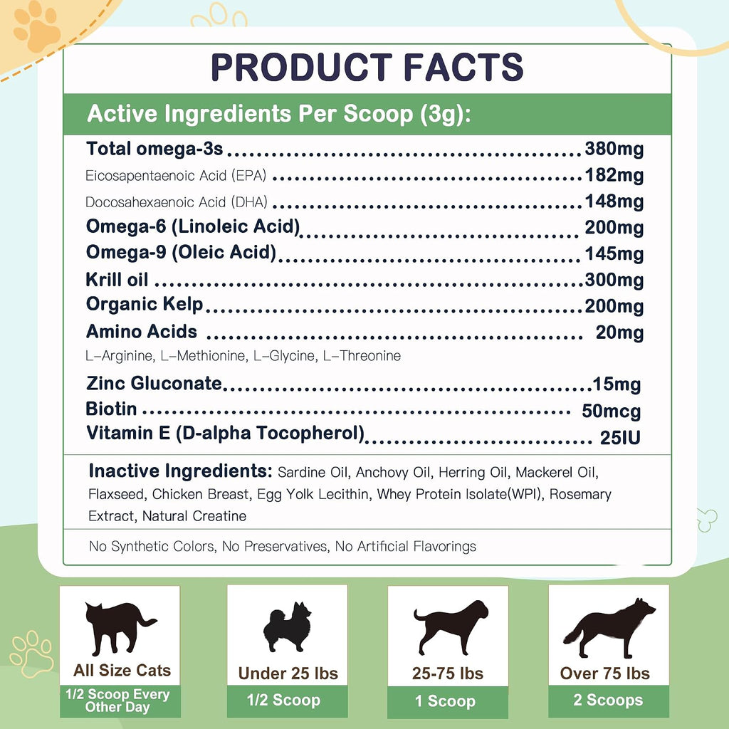 Omega 3 Fish Oil for Dogs, Dog Fish Oil Powder, Wild Caught Fish Oil, EPA&DHA, Krill Oil, Kelp, Dog Skin and Coat Supplement, Anti Itch & Shedding, Support Dry Skin, Joint Health, Dog Allergy Relief