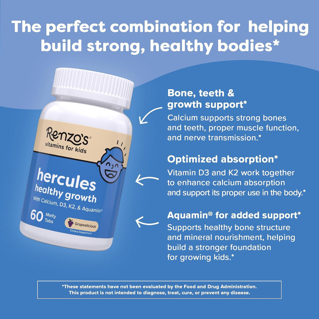 Renzo's Hercules Calcium con Vitamina D3, K2 y Aquamin para Niños - 60 Comprimidos Fundibles Sabor Uva