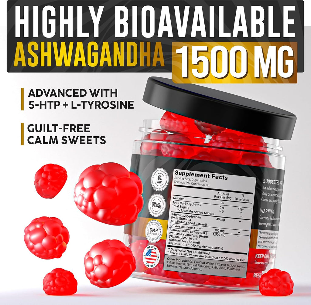 Gomitas de Ashwagandha para Mujeres y Hombres - Extracto Puro de Raíz de Ashwagandha 1500 mg con 5-HTP y L-Tirosina - Fabricado en USA - 55 Gomitas