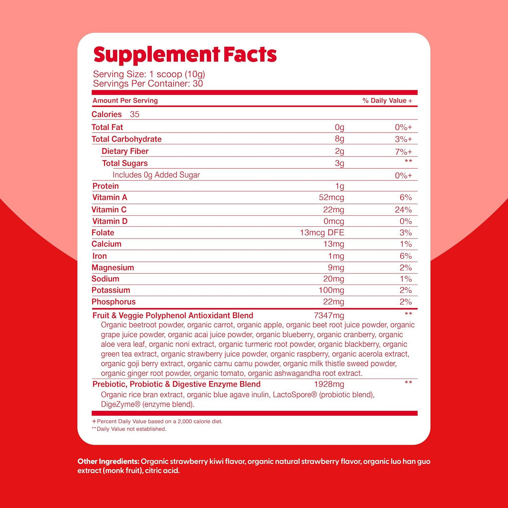Feel Great Organic Superfood Reds Powder - Remolacha, Frutas y Verduras - Apoyo Digestivo y Antioxidante