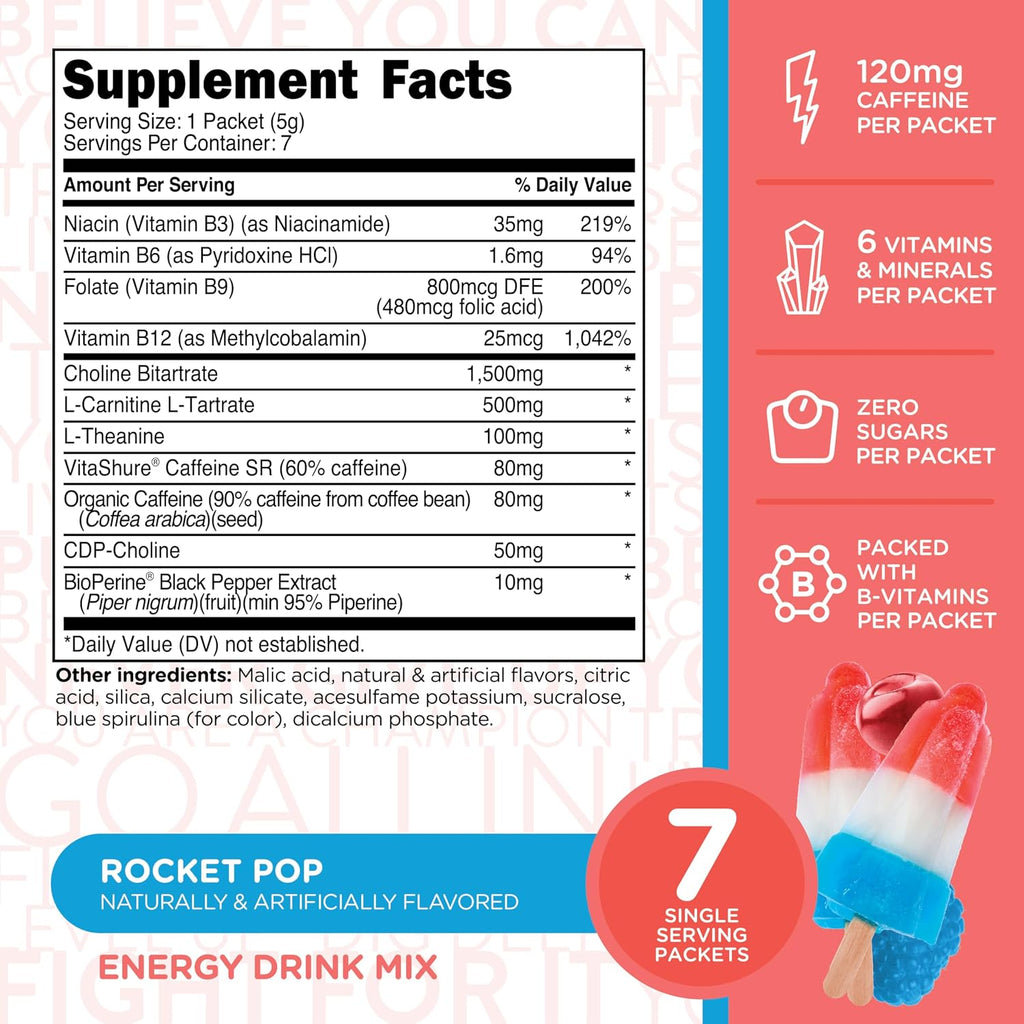 TransformHQ Boost Shot Sobres de Bebida en Polvo, Sabor Rocket Pop, 7 Sobres, Complemento Energético con Cafeína, Vitaminas B12, B9, B6 y B3