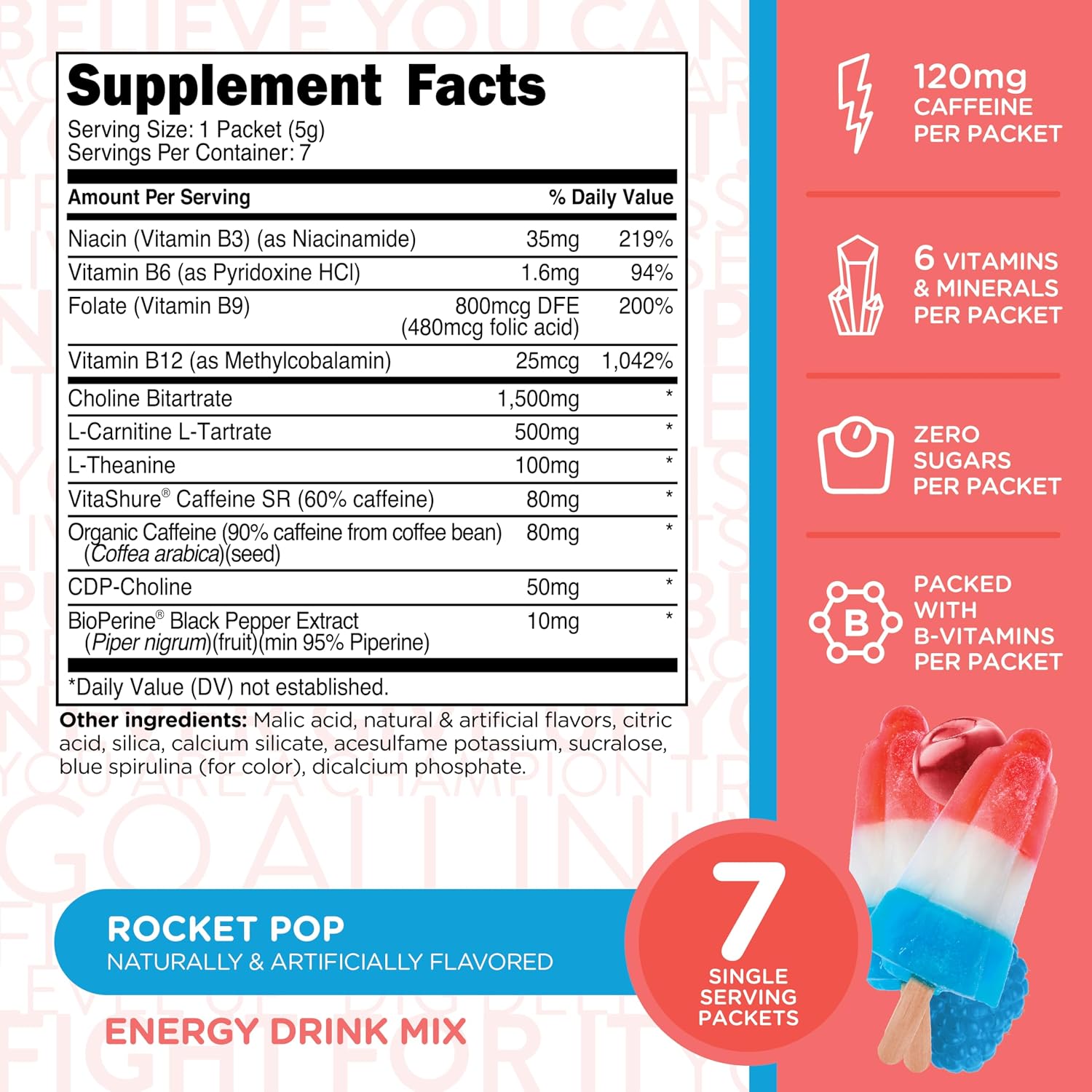 TransformHQ Boost Shot Sobres de Bebida en Polvo, Sabor Rocket Pop, 7 Sobres, Complemento Energético con Cafeína, Vitaminas B12, B9, B6 y B3