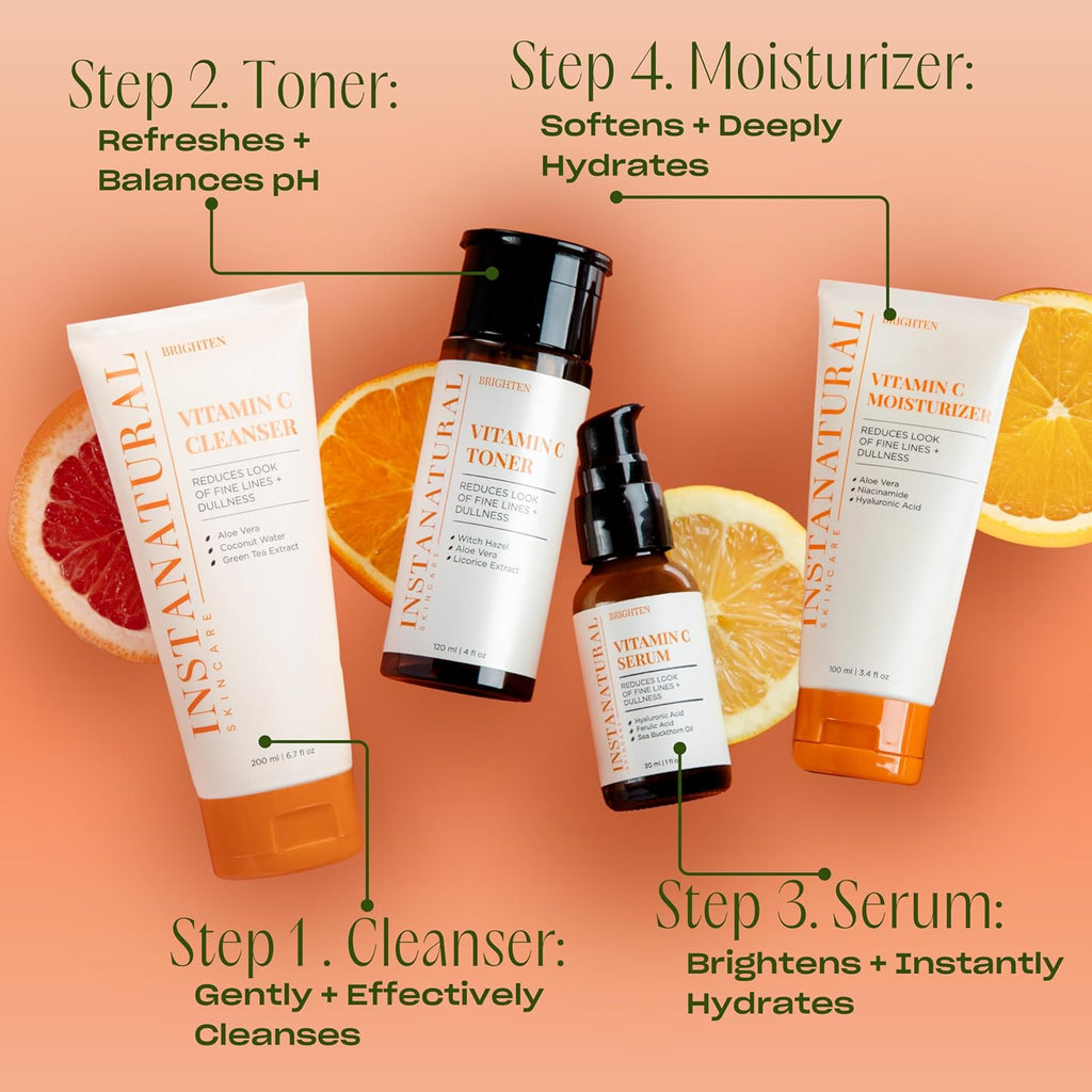 InstaNatural Sérum Facial de Vitamina C con Ácido Hialurónico y Ácido Ferúlico | Fórmula Iluminadora e Hidratante para una Piel Radiante y Suave - 60 ml