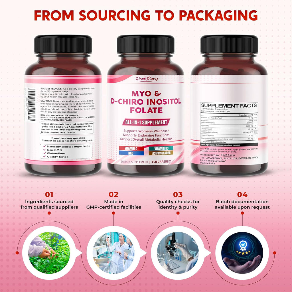 Ultra Myo & D-Chiro Inositol con Folato, Vitamina C y D3 - Suplemento Completo para Ciclos Saludables y Equilibrio Hormonal (150 Cápsulas)
