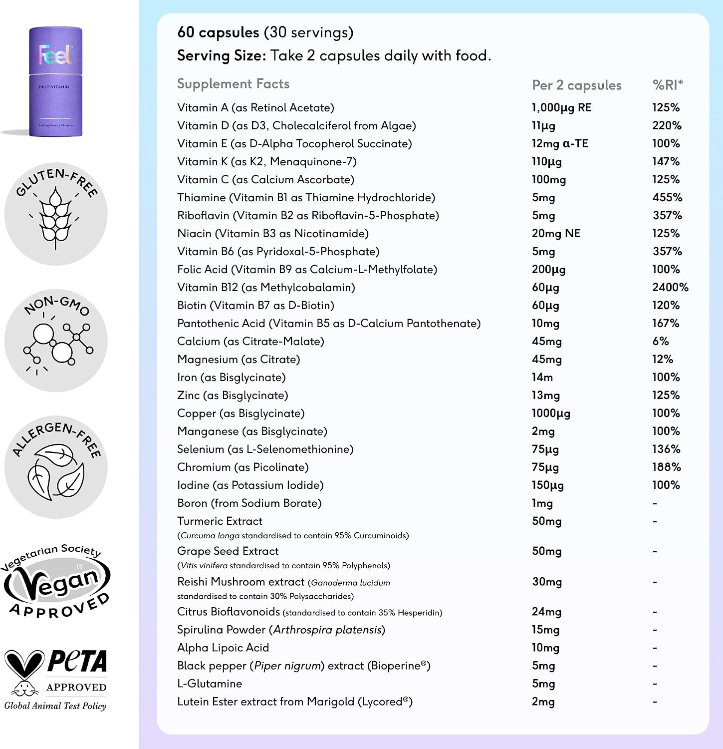 FEEL Multivitamínico Diario con 32 Ingredientes Activos - 60 Cápsulas - Complejo Vitamínico Vegano con Vitaminas y Minerales de Alta Biodisponibilidad