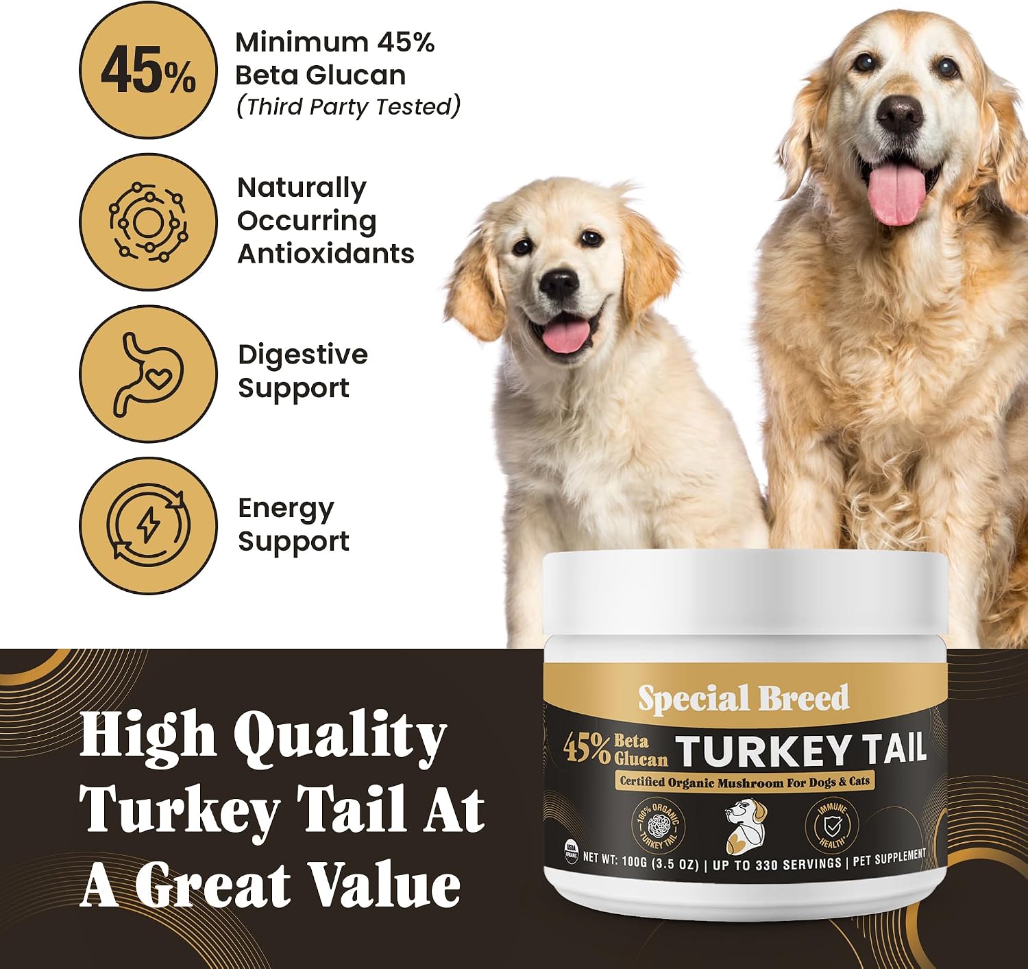 Cola de Pavo Orgánica para Perros y Gatos - Estandarizado al 45% de Beta Glucanos - Cuerpo Frutal Completo Extraído en Agua Caliente - Probado por Terceros - Apoyo Inmunológico y Digestivo - Sin Rellenos - Hecho en EE.UU. - 330 cápsulas