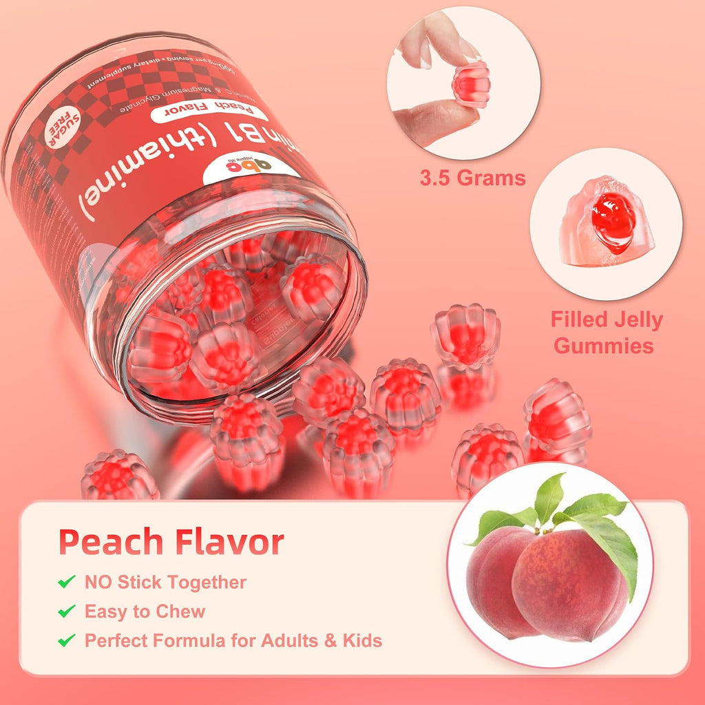 Vitamin B1 Gummies 300mg con Magnesio y Vitamina C – Gomitas de Tiamina para Adultos y Niños – Sabor Melocotón Natural – Sin Azúcar, Vegano, No GMO – 60 Unidades (1 Mes)