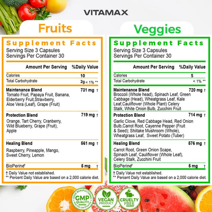 Vitamax Super Fruit and Vegetable – Suplemento de Frutas y Verduras Enteras – 180 Cápsulas – Sin Soja – Image 2