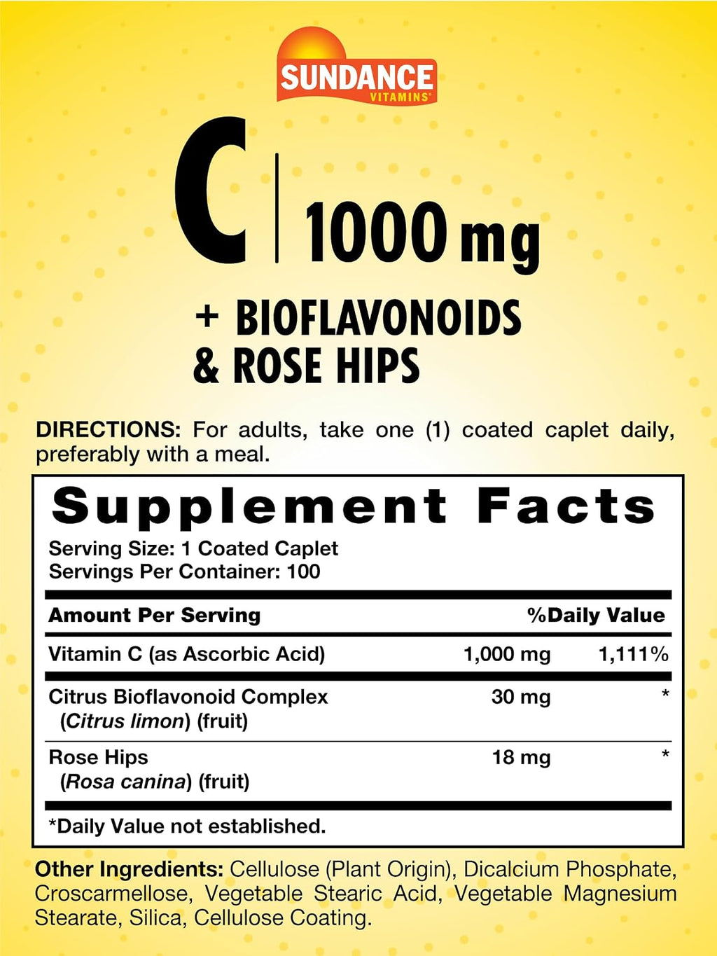 Sundance Vitamina C 1000 mg con Rosa Mosqueta y Bioflavonoides | 100 Caplets Recubiertos | Vegetariano, No GMO y Sin Gluten
