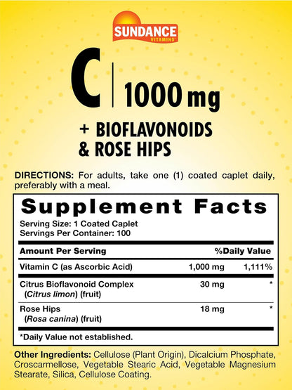 Sundance Vitamina C 1000 mg con Rosa Mosqueta y Bioflavonoides | 100 Caplets Recubiertos | Vegetariano, No GMO y Sin Gluten – Image 2