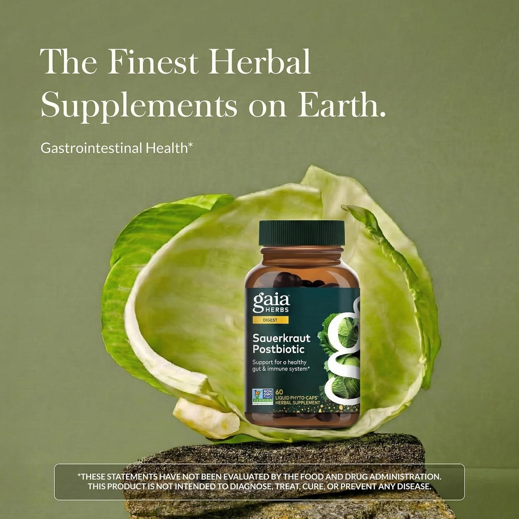 Gaia Herbs Postbiótico de Chucrut - Salud Digestiva e Inmune - 60 Cápsulas Veganas