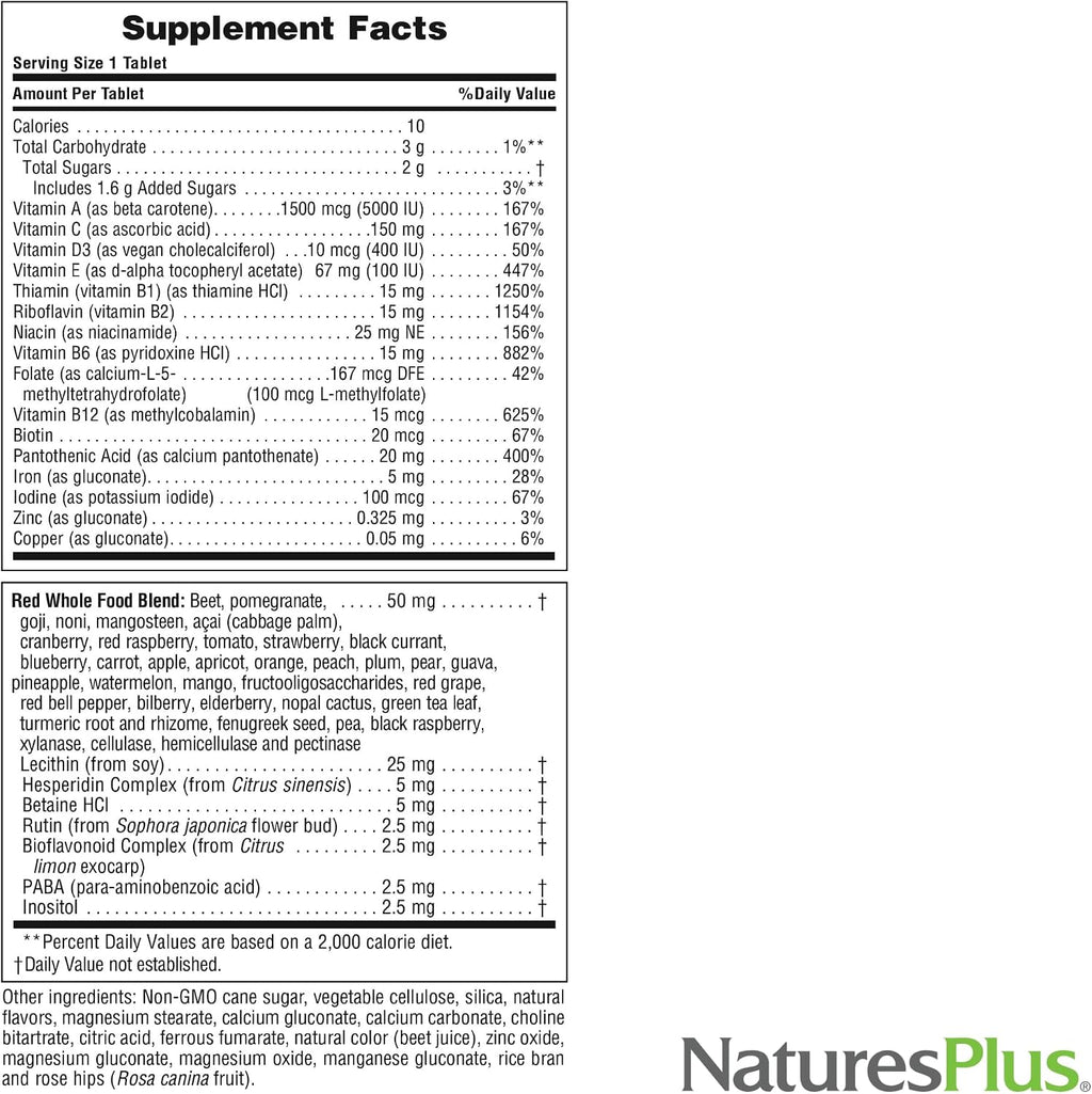 NaturesPlus Adult's Chewable - 60 Comprimidos, Sabor Exótico Bayas Rojas - Multivitamínico y Mineral - Vegetariano, Sin Gluten