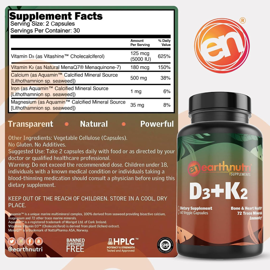 EarthNutri Vitamina D3 + K2 5000 UI con MenaQ7 y Aquamin