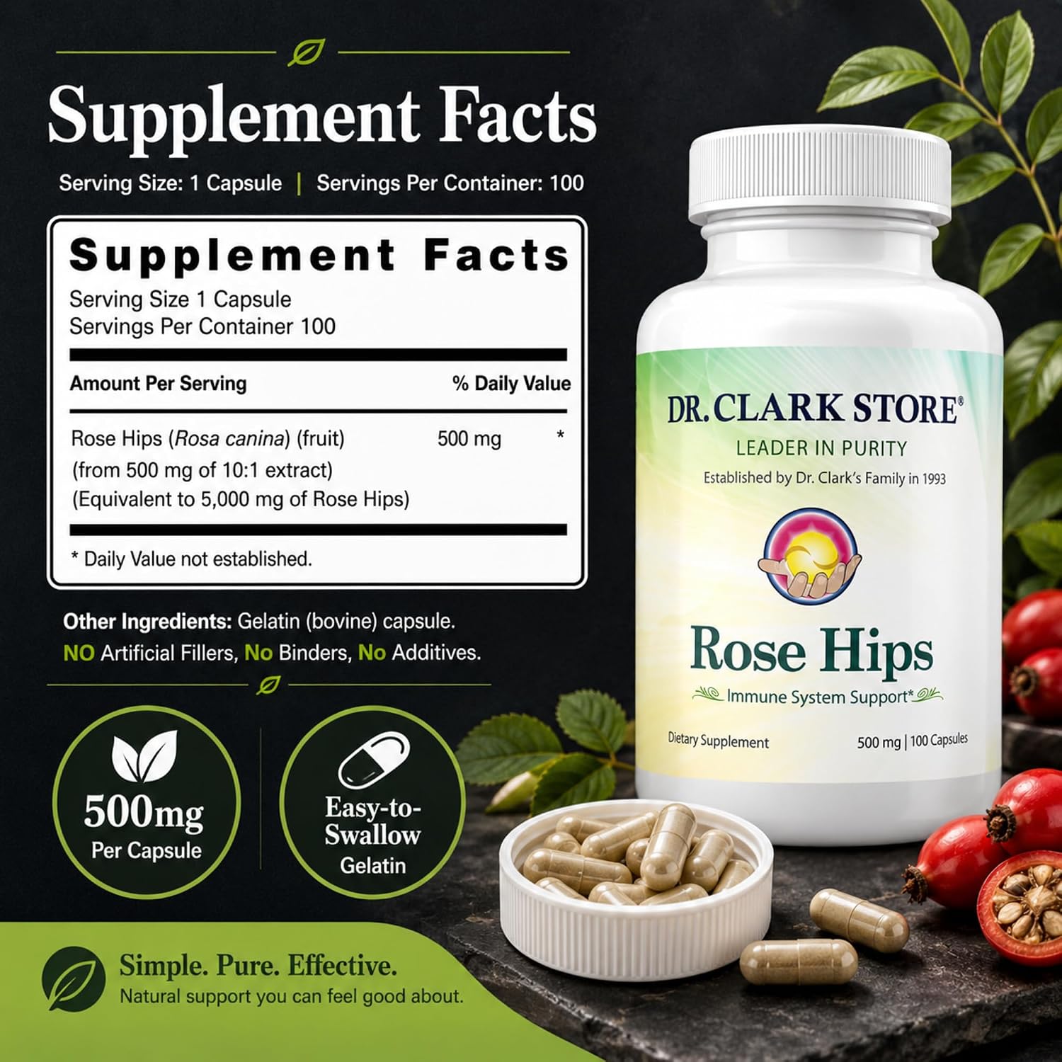 Dr Clark Store Suplemento de Escaramujo, 500 mg, 100 Cápsulas de Gelatina