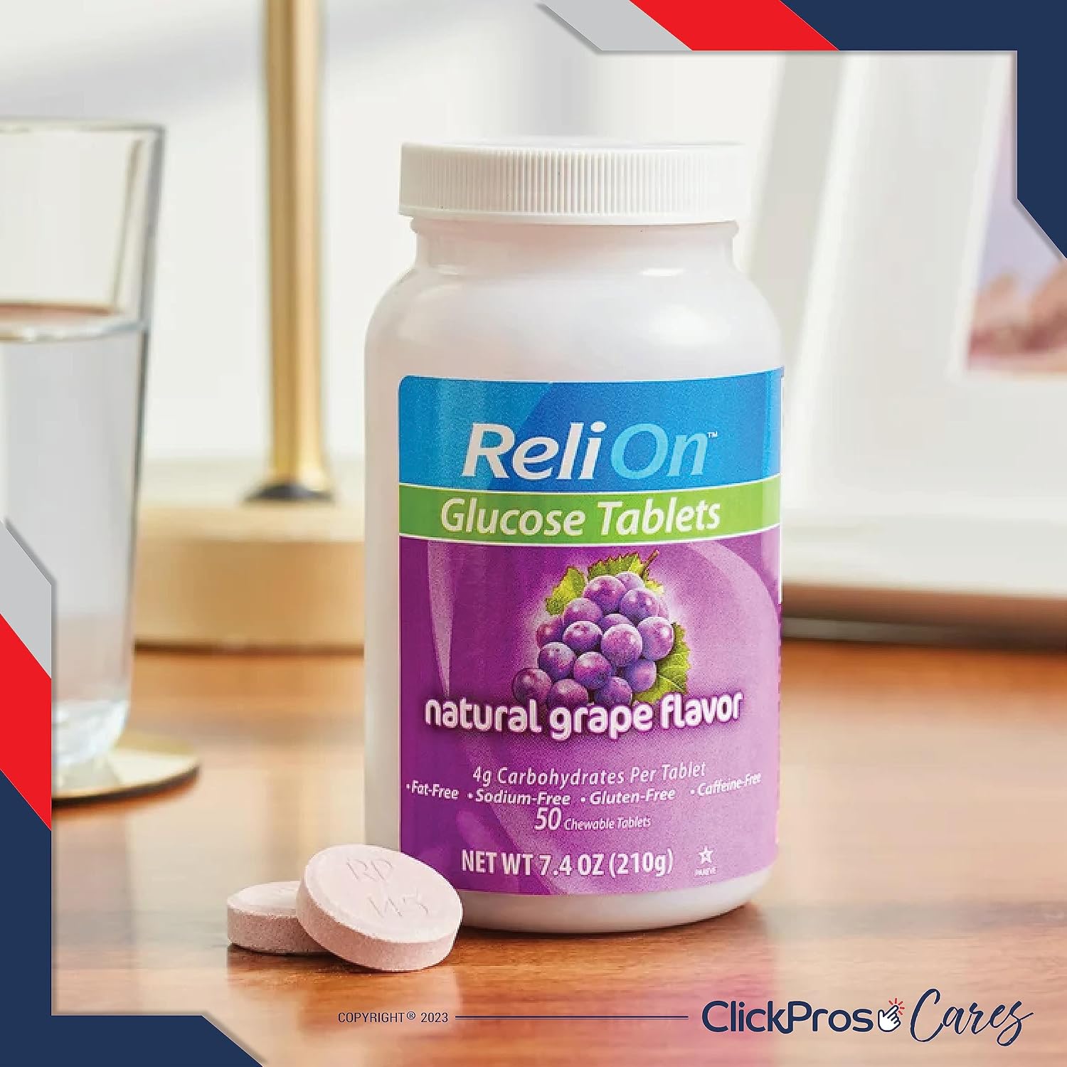 ReliOn Glucosa Comprimidos Sabor Uva - 2 Paquetes de 50 (100 Total) + Guía Diabetes y Pastillero