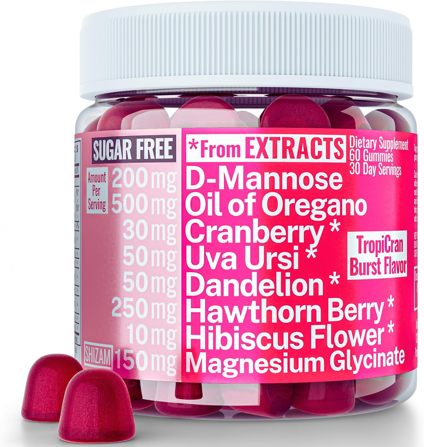 SHIZAM Gominolas de Aceite de Orégano, D-Manosa, Raíz de Diente de León, Espino Blanco, Uva Ursi, Hibisco, Arándano y Magnesio Glicinato para Mujeres