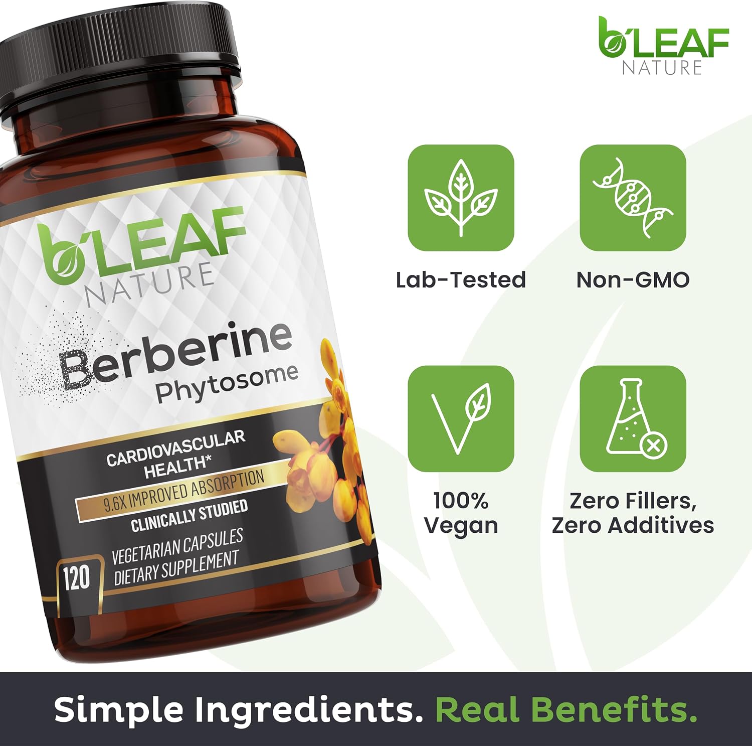 B’Leaf Nature Berberina Phytosome, 120 Cápsulas – 1100 mg de Berberina para el Apoyo Metabólico y Cardiovascular – Vegano, Sin Gluten, No-GMO