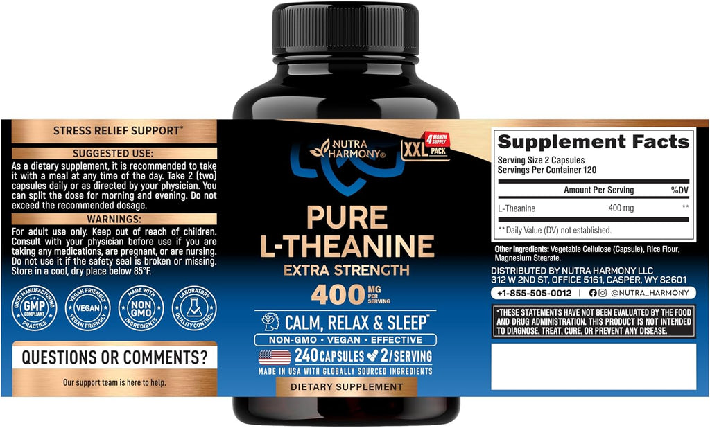 L-Teanina 400 mg | Suplemento de Relajación y Sueño | 240 Cápsulas Veganas
