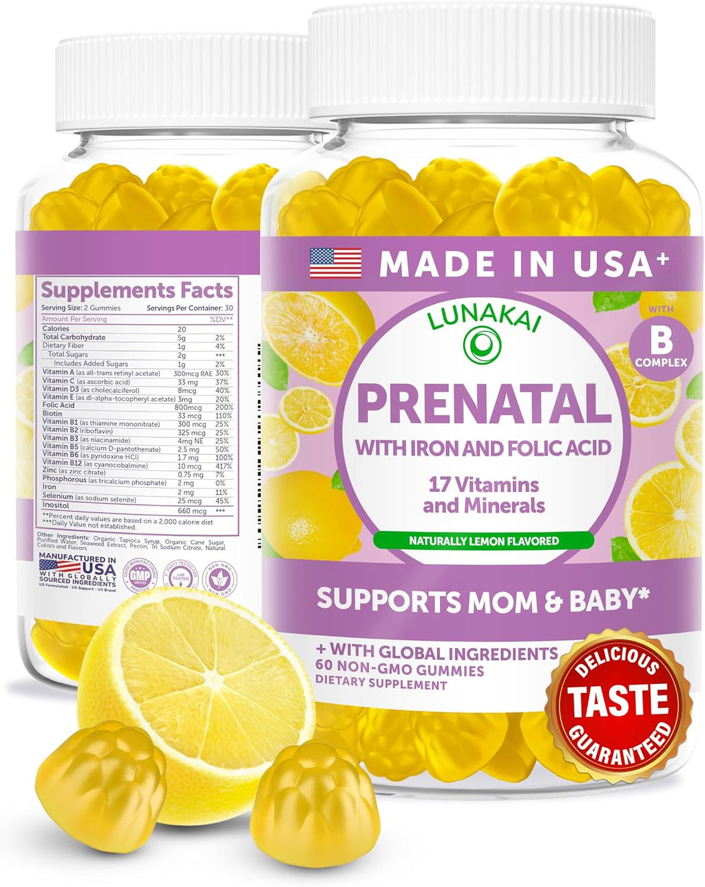 Lunakai Fabricado en EE. UU. Vitaminas Prenatales 17-en-1 con Hierro y Ácido Fólico – Deliciosas Gomitas Prenatales Diarias para el Bienestar Materno, 60 unidades