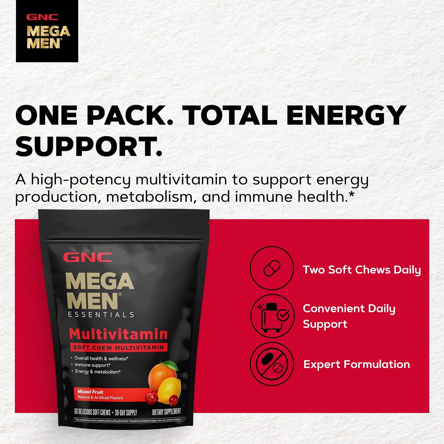 GNC Mega Men Multivitamínico en Gominolas Blandas para Hombres - Sabor Frutas Mixtas - 60 Unidades