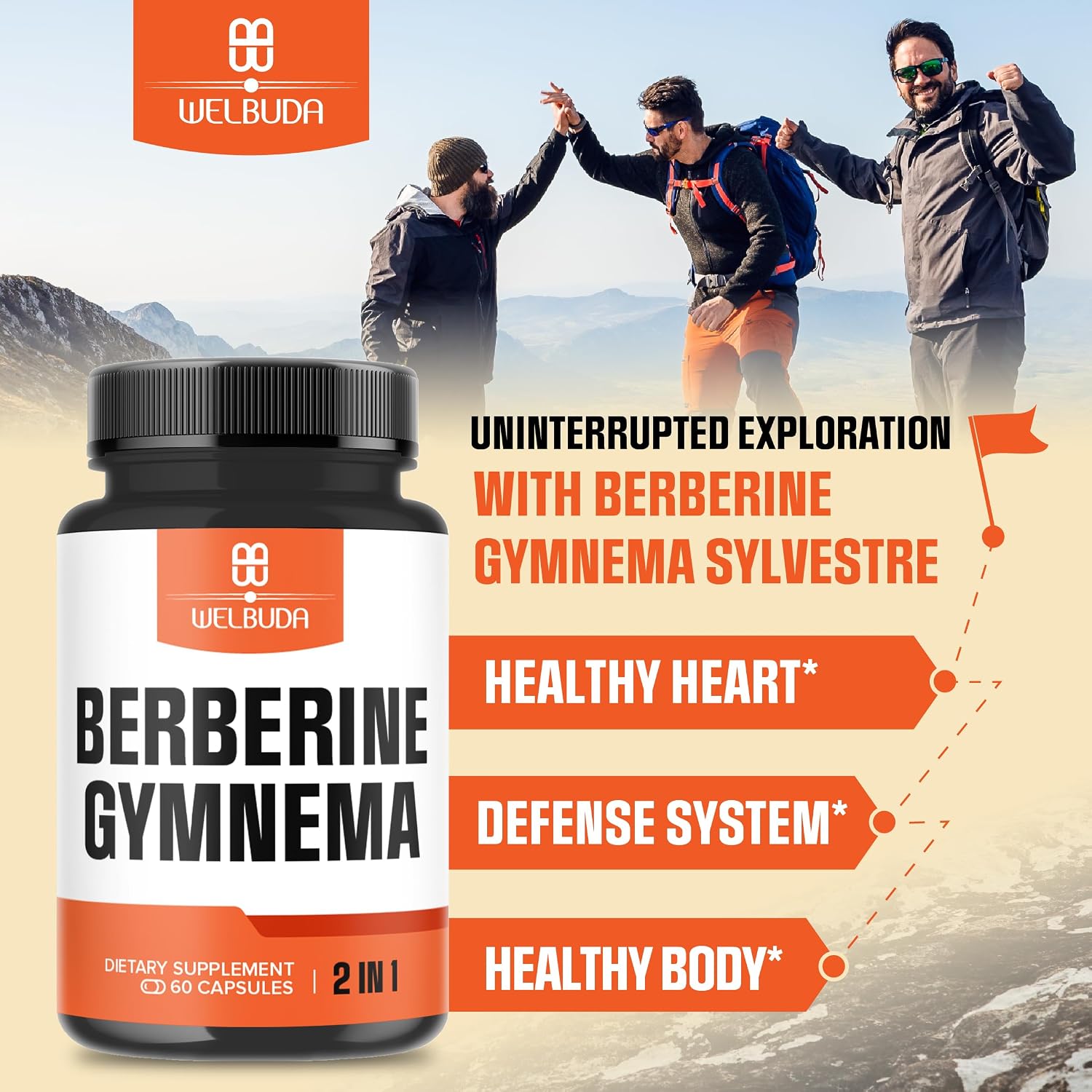 WELBUDA Berberine Supplement with Organic Gymnema Sylvestre Leaf - 60 Capsules