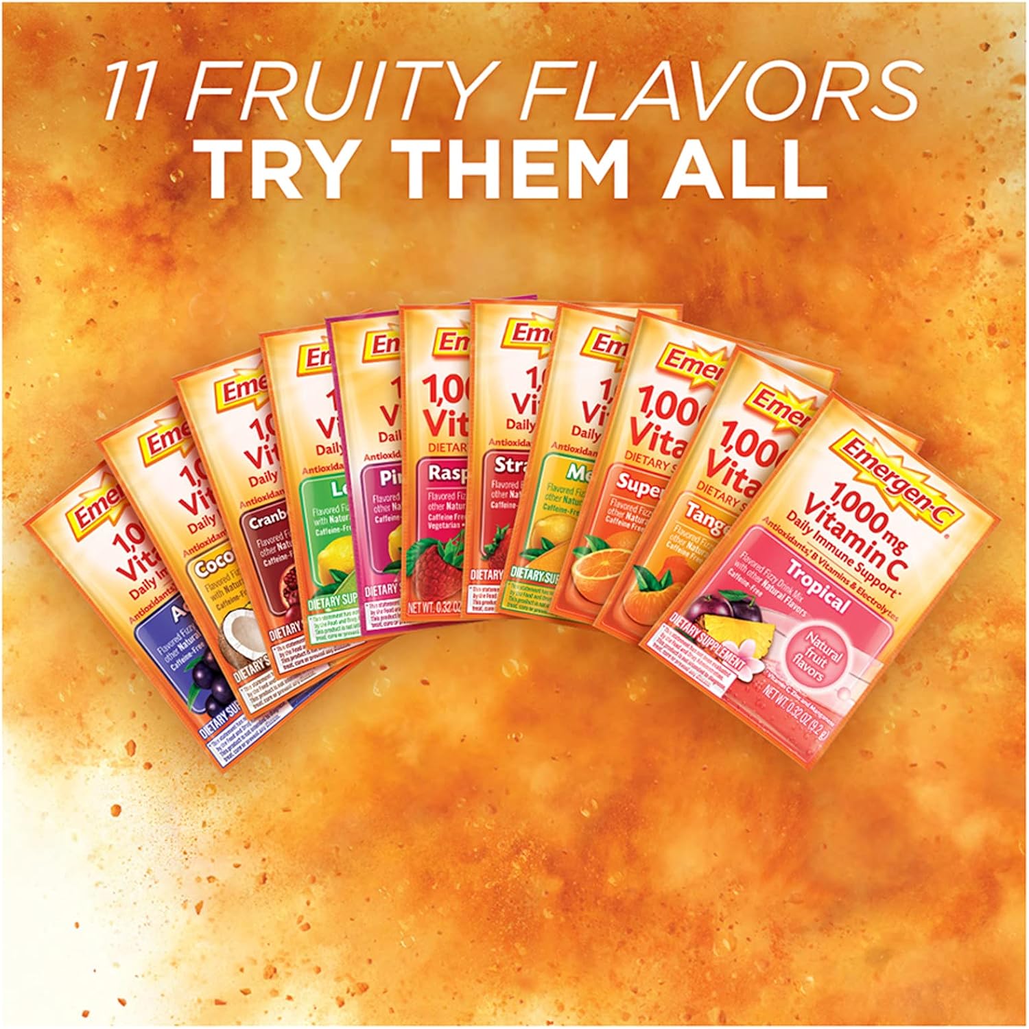 Emergen-C 1000 mg Vitamina C en Polvo con Zinc, Manganeso, Vitaminas B y Electrolitos, Sabor Naranja Super, 30 Sobres