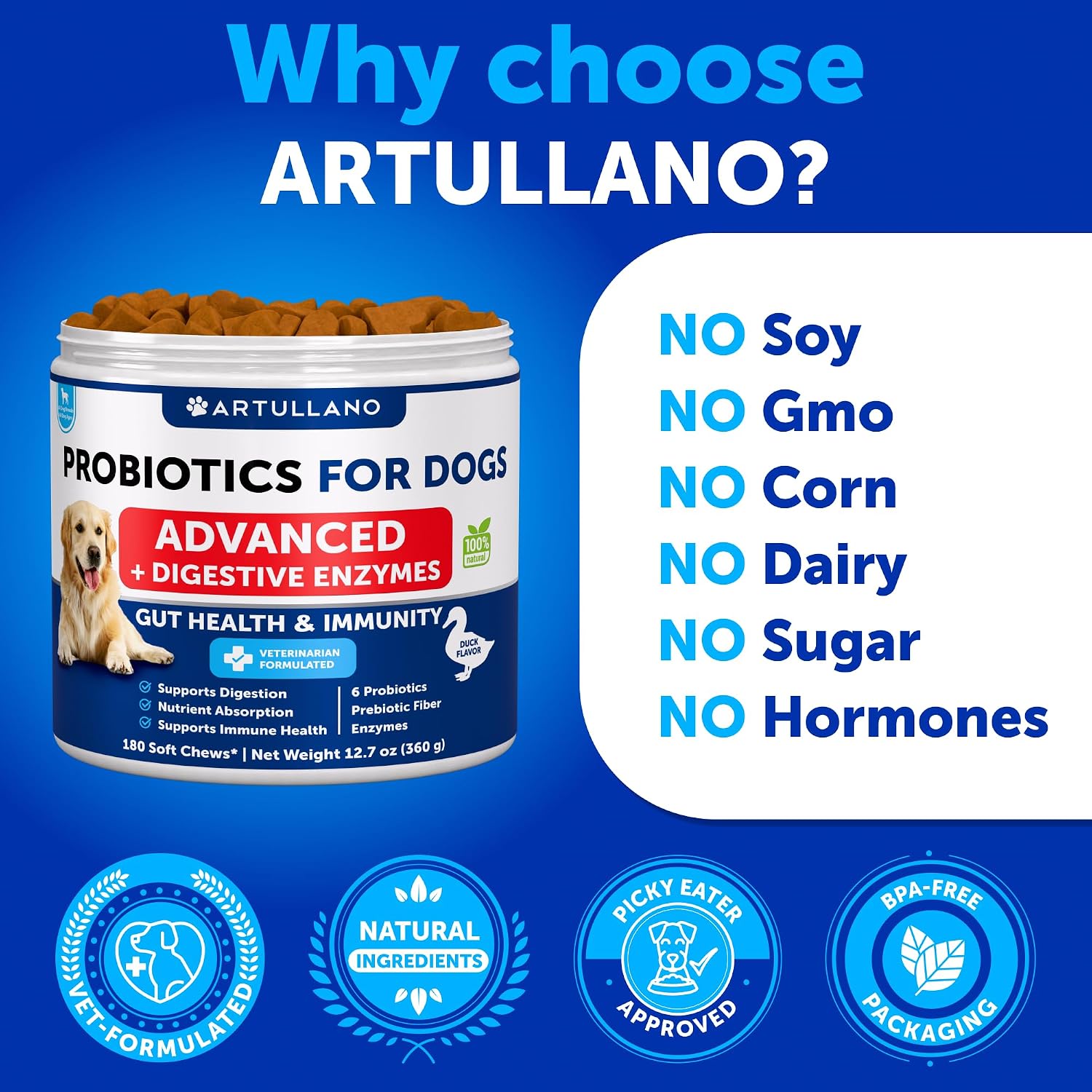Probióticos para Perros - Apoya la Salud Digestiva, Piel con Picor, Alergias, Inmunidad, Equilibrio de Levaduras - Probióticos y Enzimas Digestivas con Prebióticos - Reduce Diarrea, Gases - 180 Masticables Probióticos para Perros