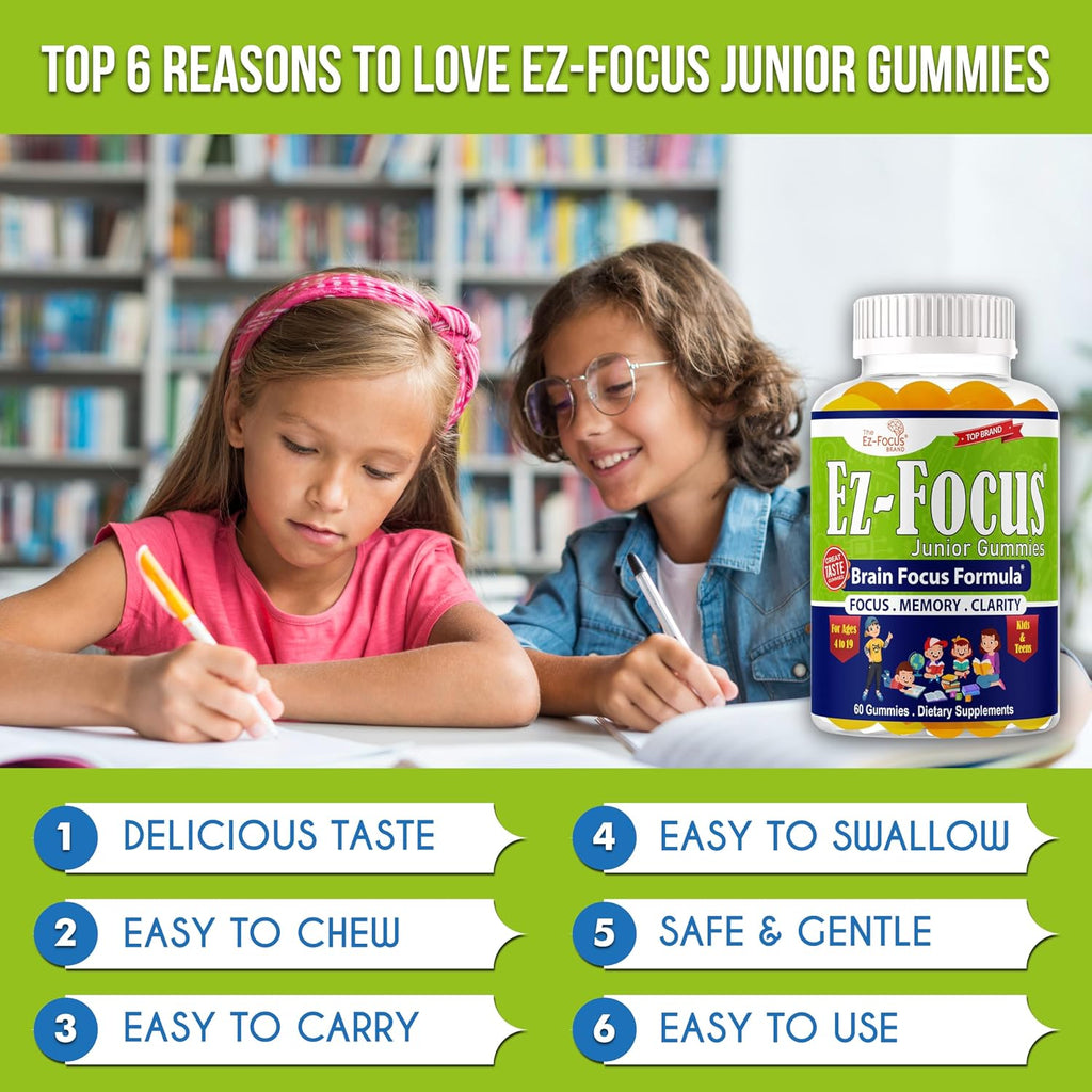 Ez-Focus Junior Gomitas de DHA para niños y adolescentes: memoria, concentración y enfoque, 60 gomitas masticables