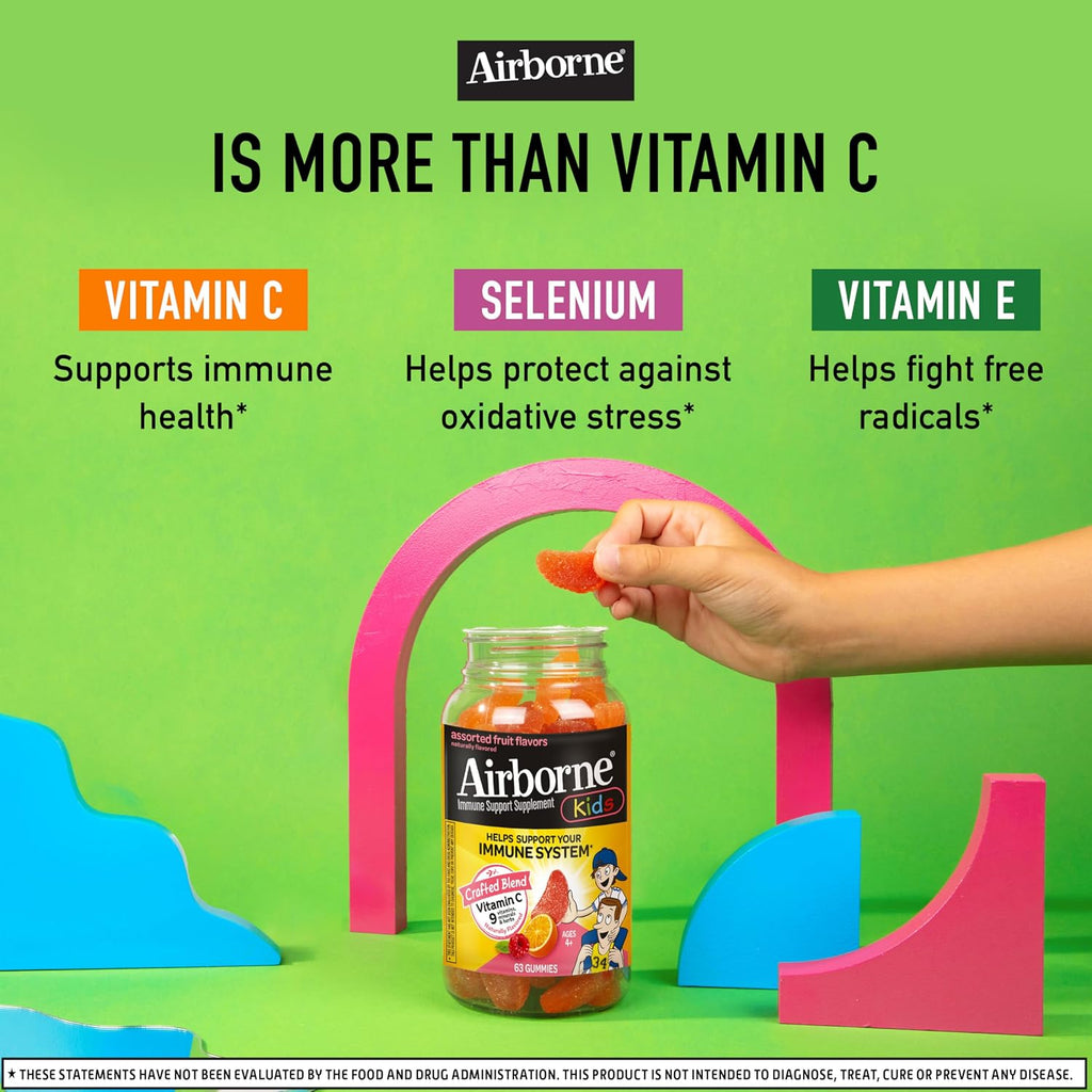 Airborne Kids Gomitas de Vitamina C 500 mg con Zinc y Antioxidantes - 63 gomas, Sabor a Frutas Variadas
