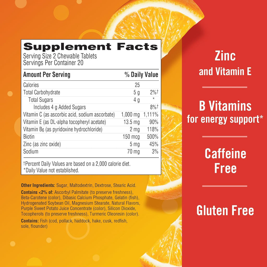 Emergen-C Chewables Vitamin C 1000 mg with B Vitamins and Antioxidants, Explosive Orange Flavor, 40 Count
