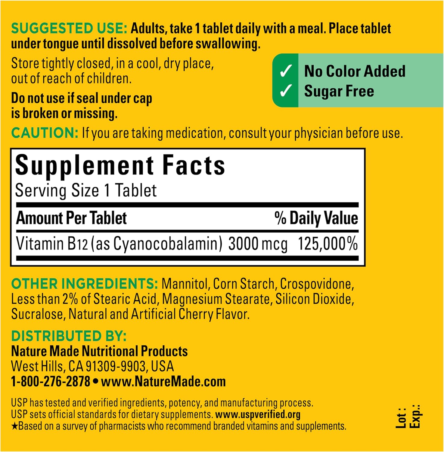 Vitamina B12 3000 mcg Sublingual – Nature Made – Comprimidos de Disolución Rápida sin Azúcar (40 Unidades)