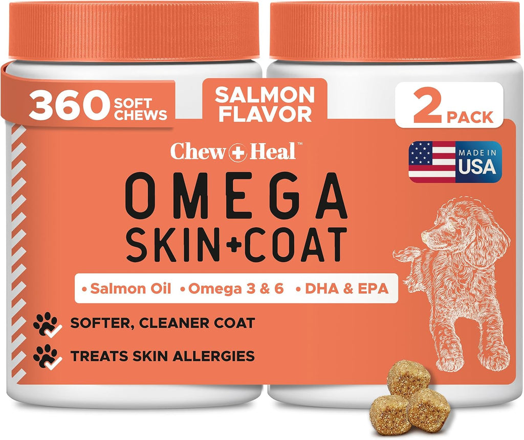 Chew + Heal Labs Aceite de Pescado Omega 3 para Perros - 360 Golosinas Blandas de Salmón