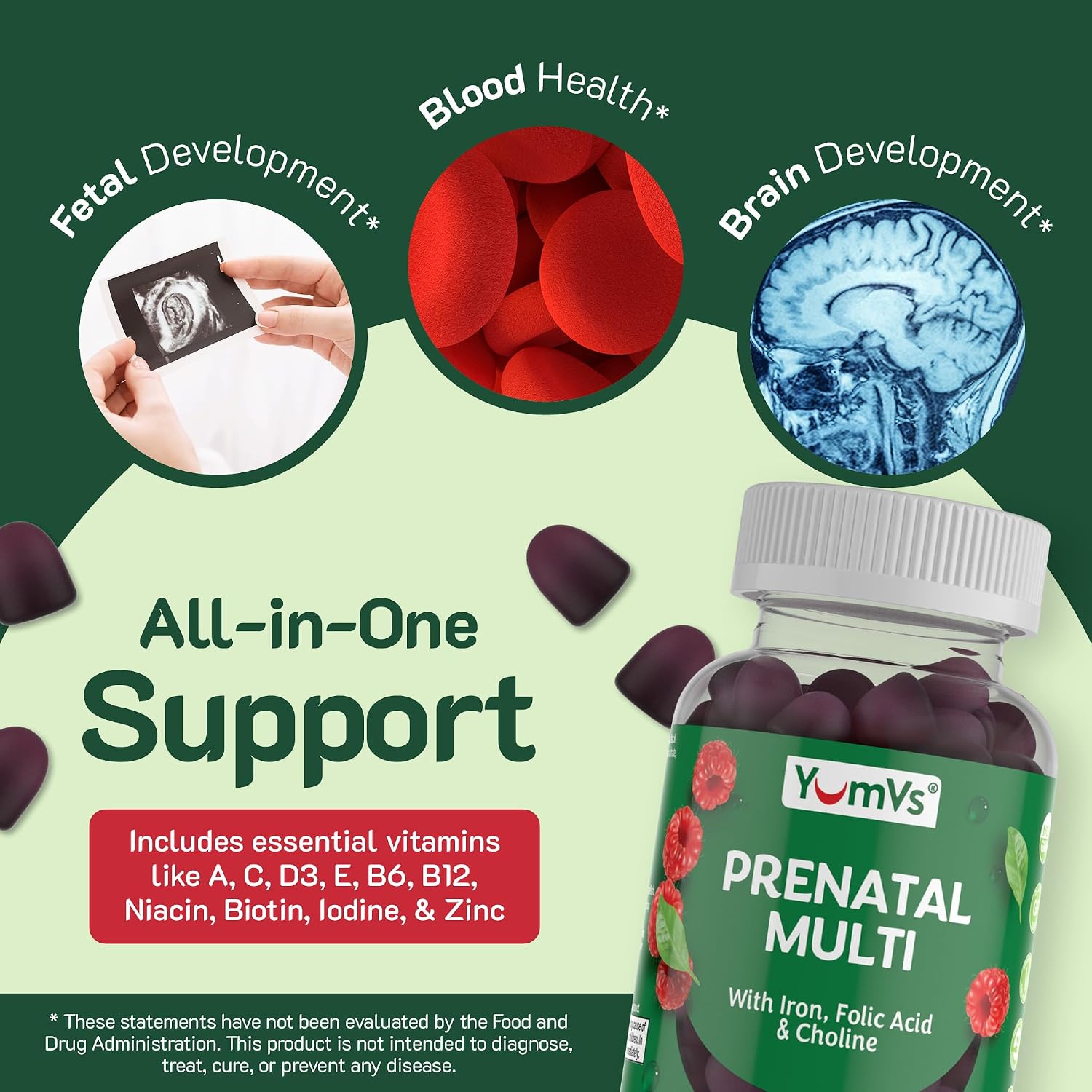 YumVs Gominolas Prenatales con Ácido Fólico, Hierro y Colina - 60 Gominolas